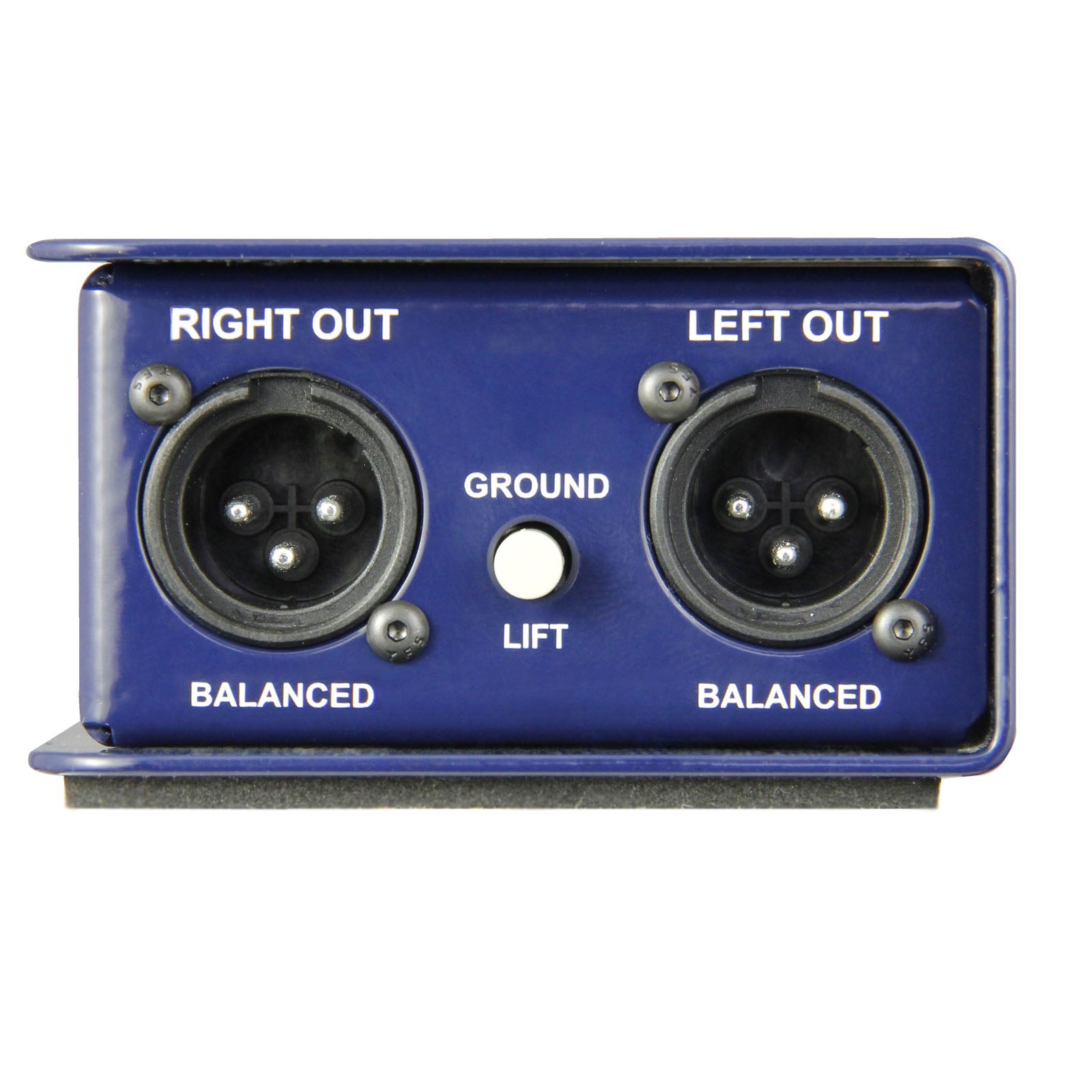 Radial Engineering J48 Stereo Active DI Box, output view, showing balanced left and right outputs and ground lift button.