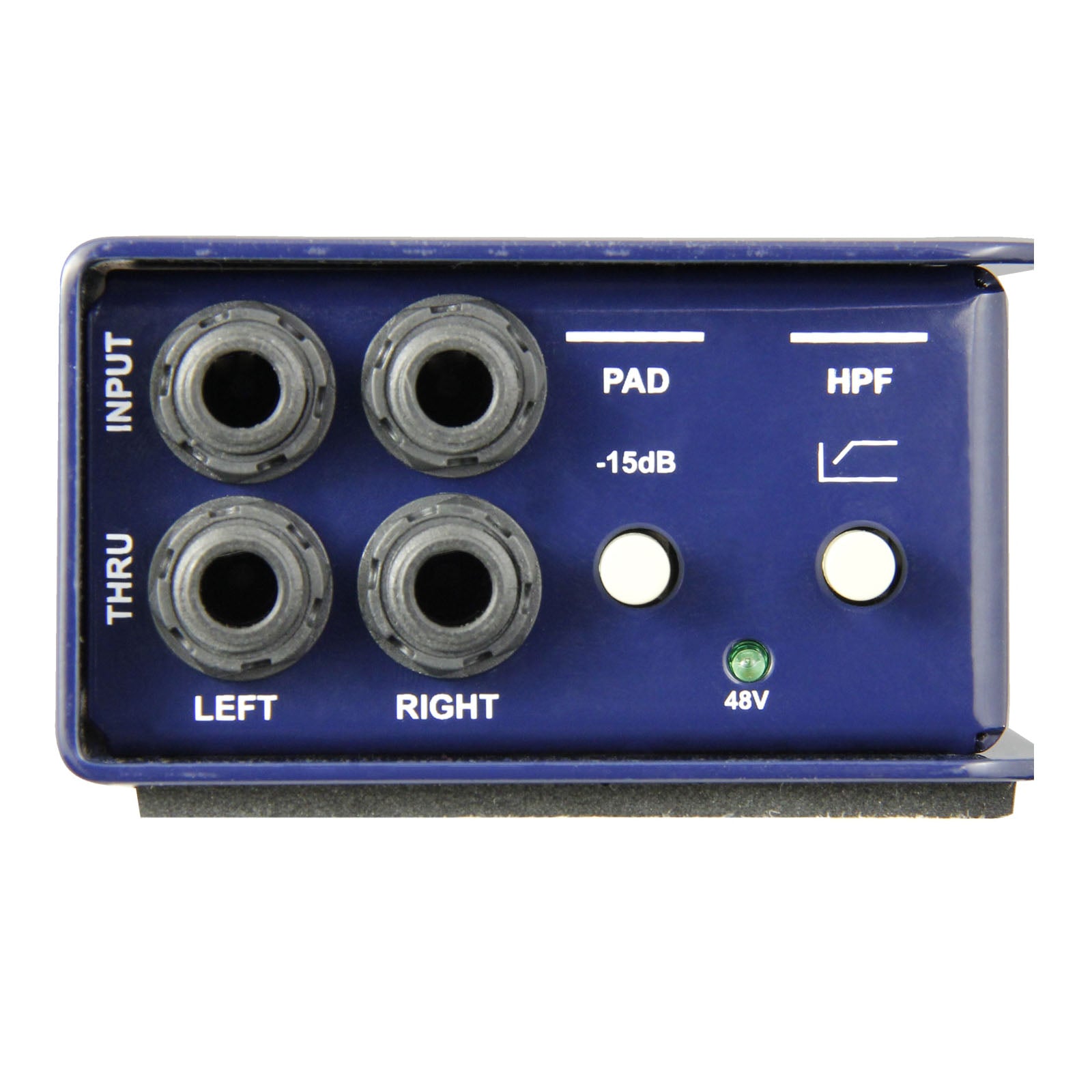Radial Engineering J48 Stereo Active DI Box, input view. Displays two independent channels with input and thru connections, featuring controls for pad and high pass filter with a 48V indicator light.