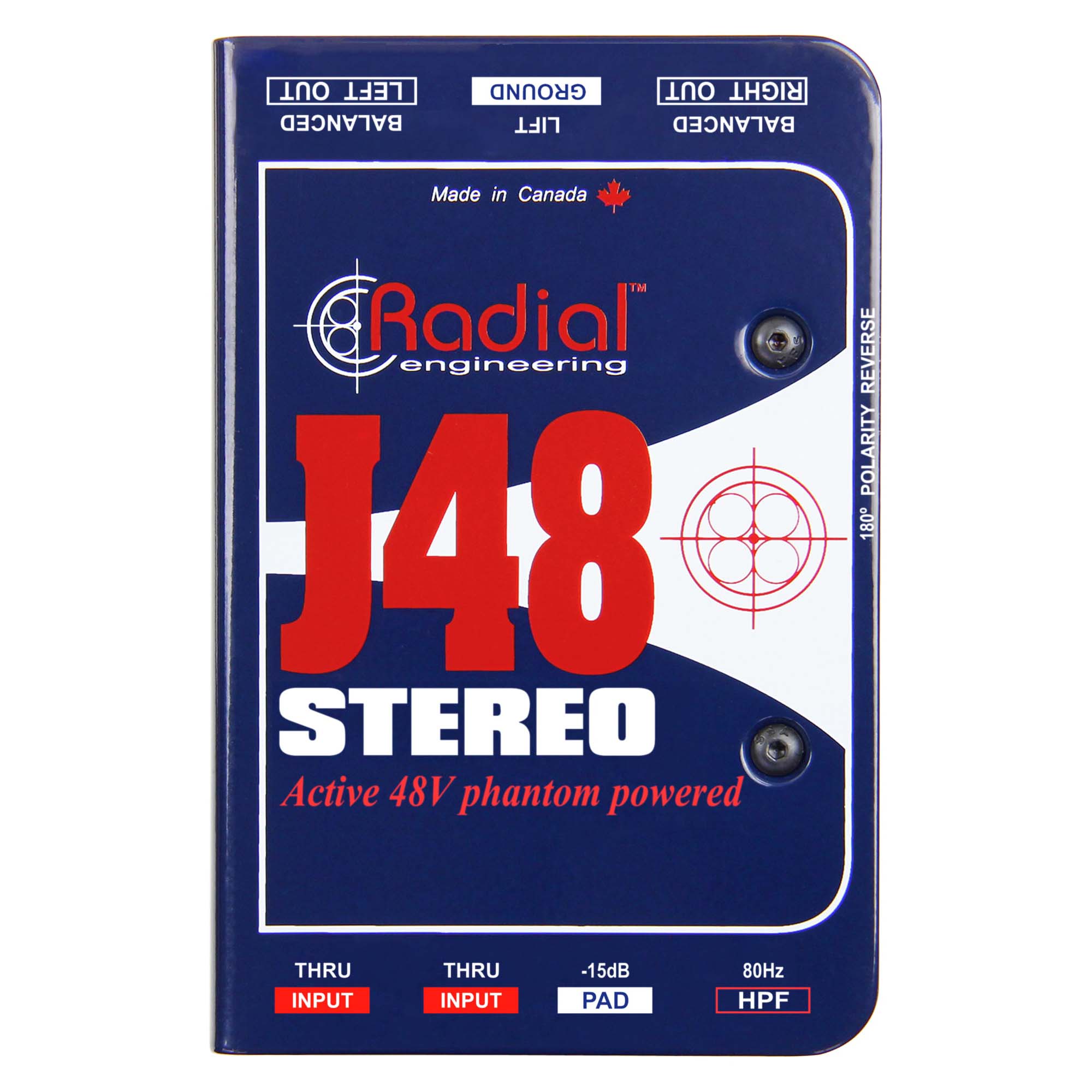 Radial Engineering J48 Stereo Active DI Box, top view. Displays two independent channels with input, thru, and output connections, featuring controls for pad, polarity reverse, high pass filter, and ground lift for pristine stereo direct injection.