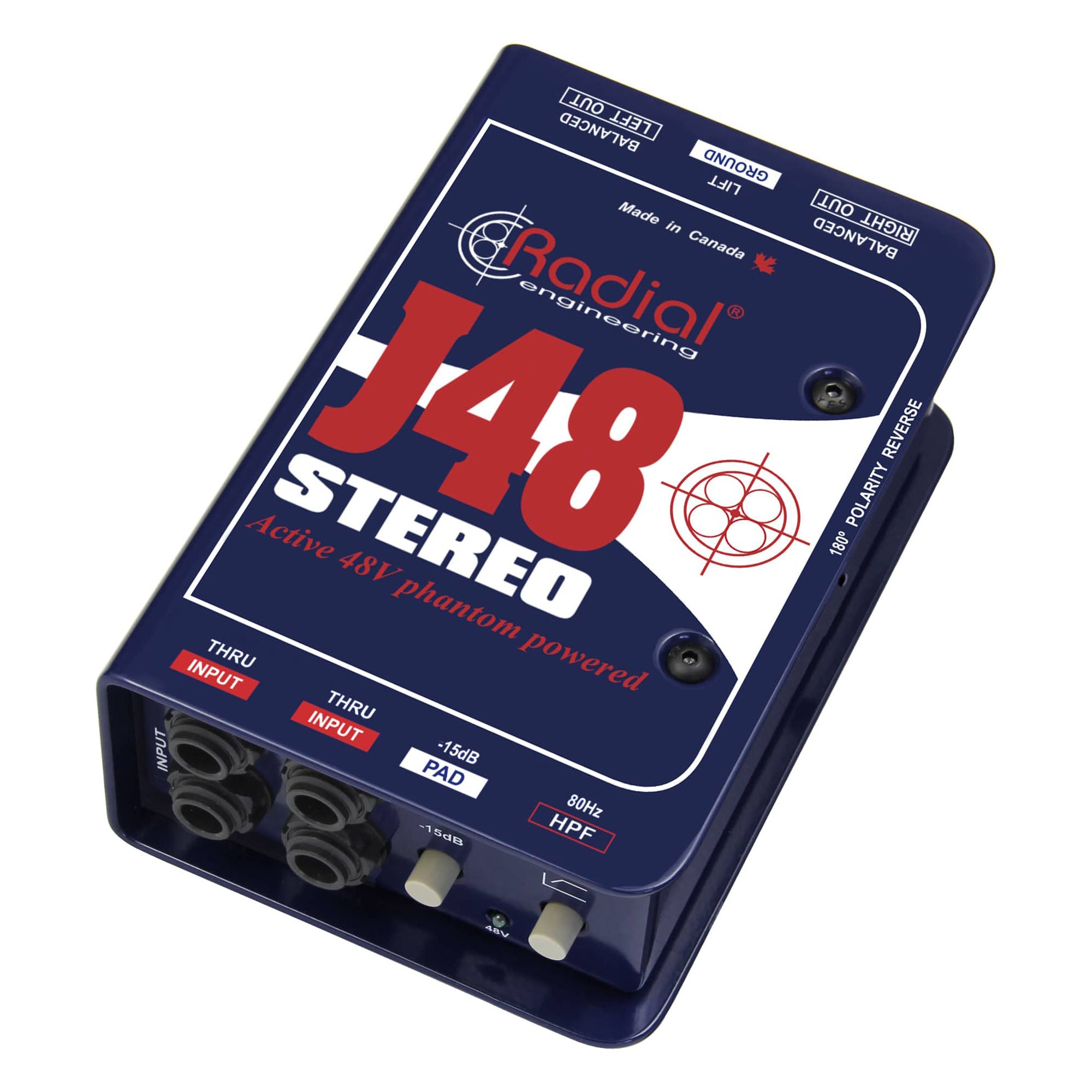 Radial Engineering J48 Stereo Active DI Box, angled top view. Displays two independent channels with input, thru, and output connections, featuring controls for pad, polarity reverse, high pass filter, and ground lift for pristine stereo direct injection.