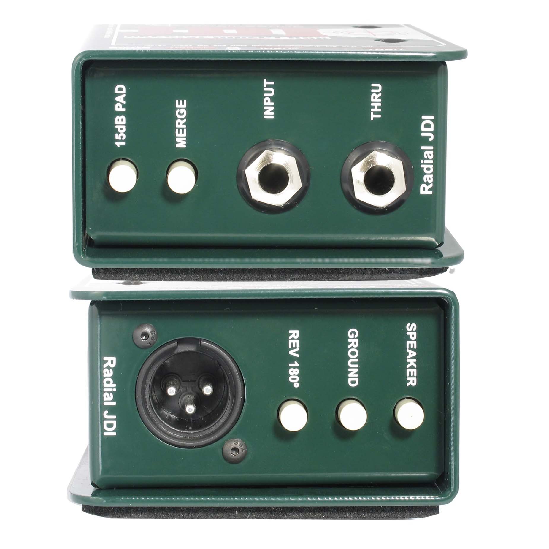 Radial Engineering JDI Passive DI Box, stacked view. Displays robust steel chassis with input, thru, and output connections, featuring controls for pad, merge, polarity and ground lift for reliable passive direct injection.