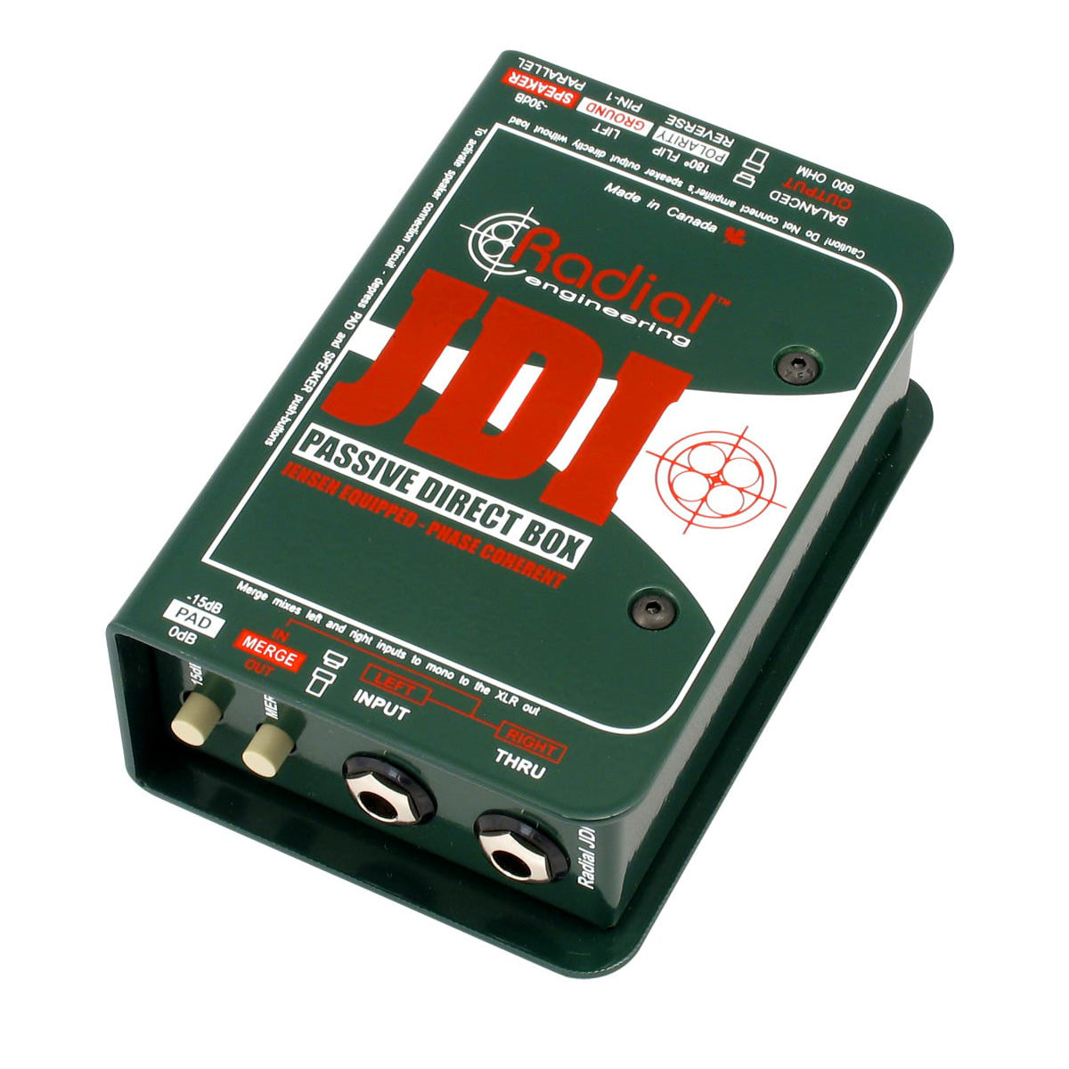 Radial Engineering JDI Passive DI Box, angled top view. Displays robust steel chassis with input, thru, and output connections, featuring controls for pad, merge, polarity and ground lift for reliable passive direct injection.