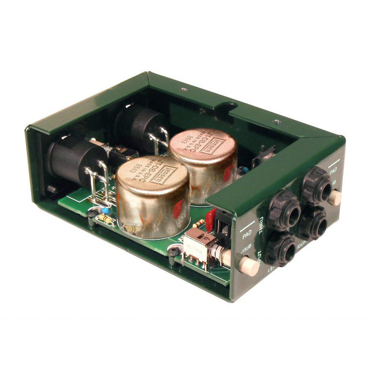 Radial Engineering JDI Stereo Passive DI Box, interior view showing circuitboard, jensen transformers and other components.