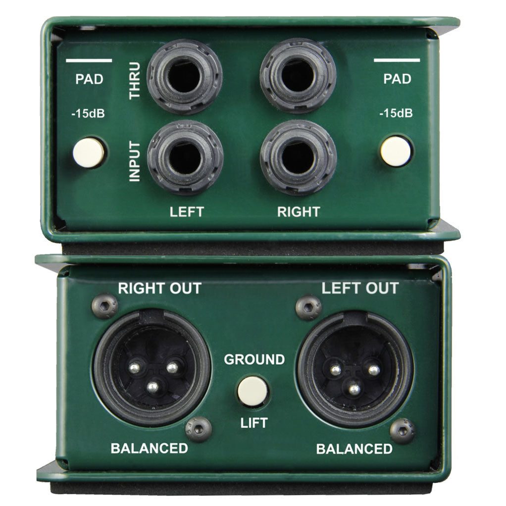 Radial Engineering JDI Stereo Passive DI Box, stacked view. Displays two independent channels with input, thru, and output connections, featuring controls for individual pads and a ground lift, for high-quality passive stereo direct injection.