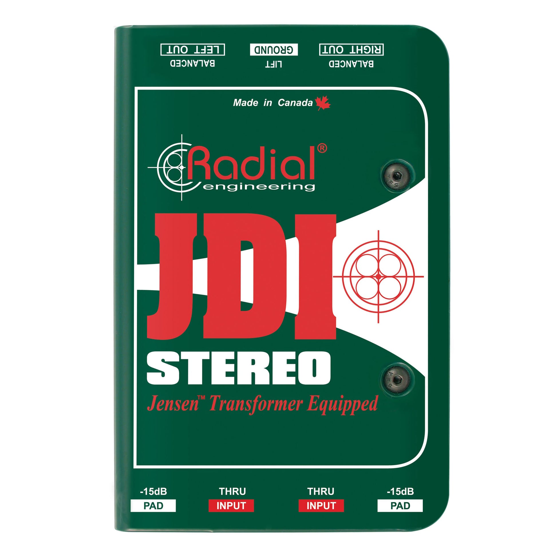 Radial Engineering JDI Stereo Passive DI Box, top view. Displays two independent channels with input, thru, and output connections, featuring controls for individual pads and a ground lift, for high-quality passive stereo direct injection.