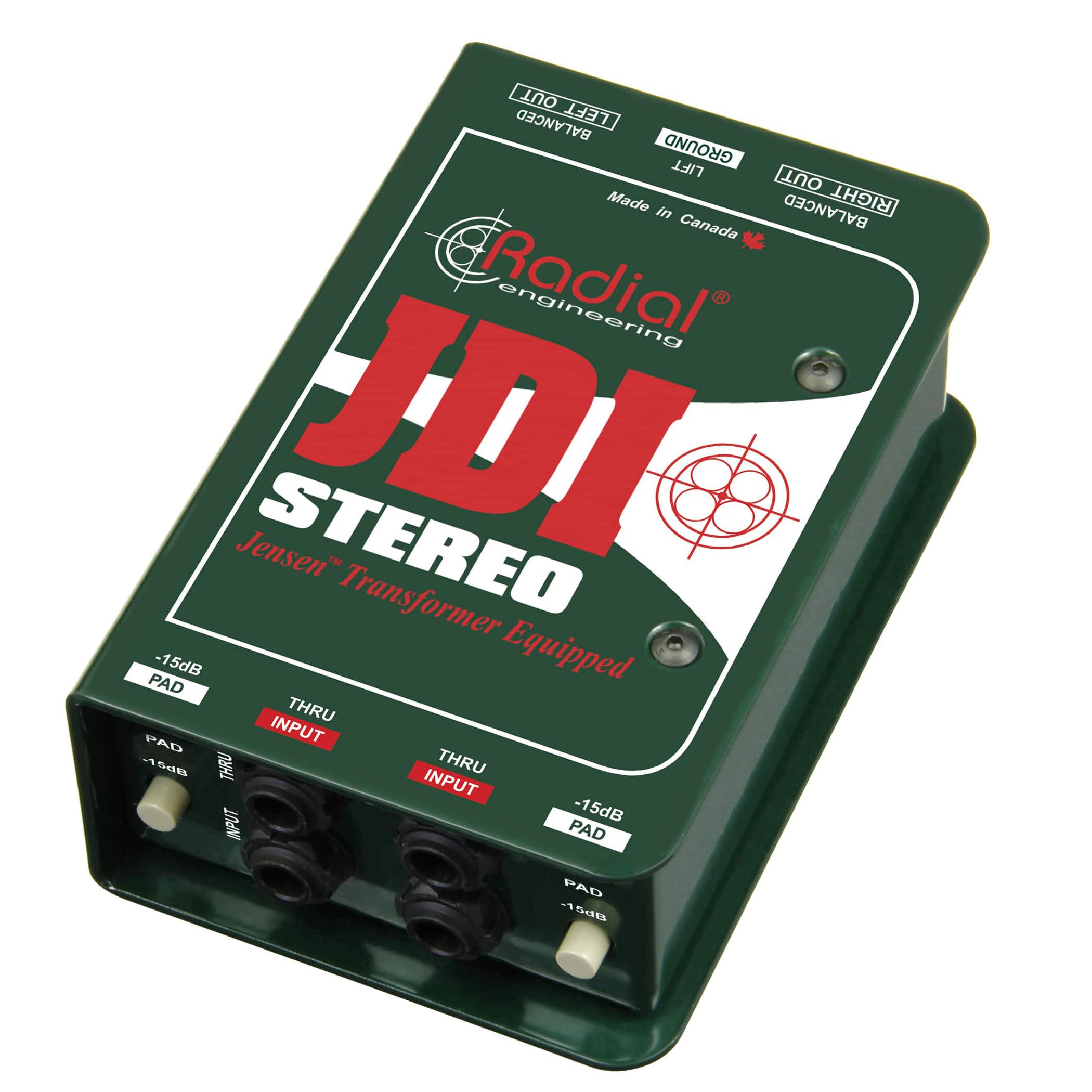 Radial Engineering JDI Stereo Passive DI Box, angled top view. Displays two independent channels with input, thru, and output connections, featuring controls for individual pads and a ground lift, for high-quality passive stereo direct injection.