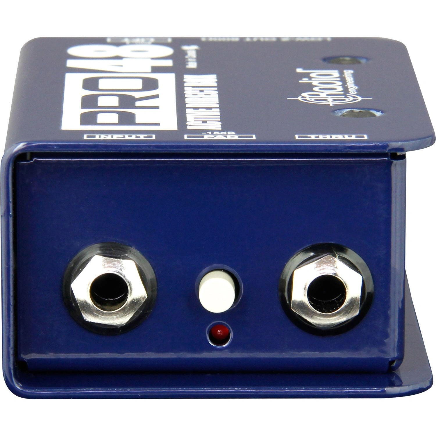 Radial Engineering Pro48 Active DI Box, side view showing the input and through connectinos with the -15db pad.
