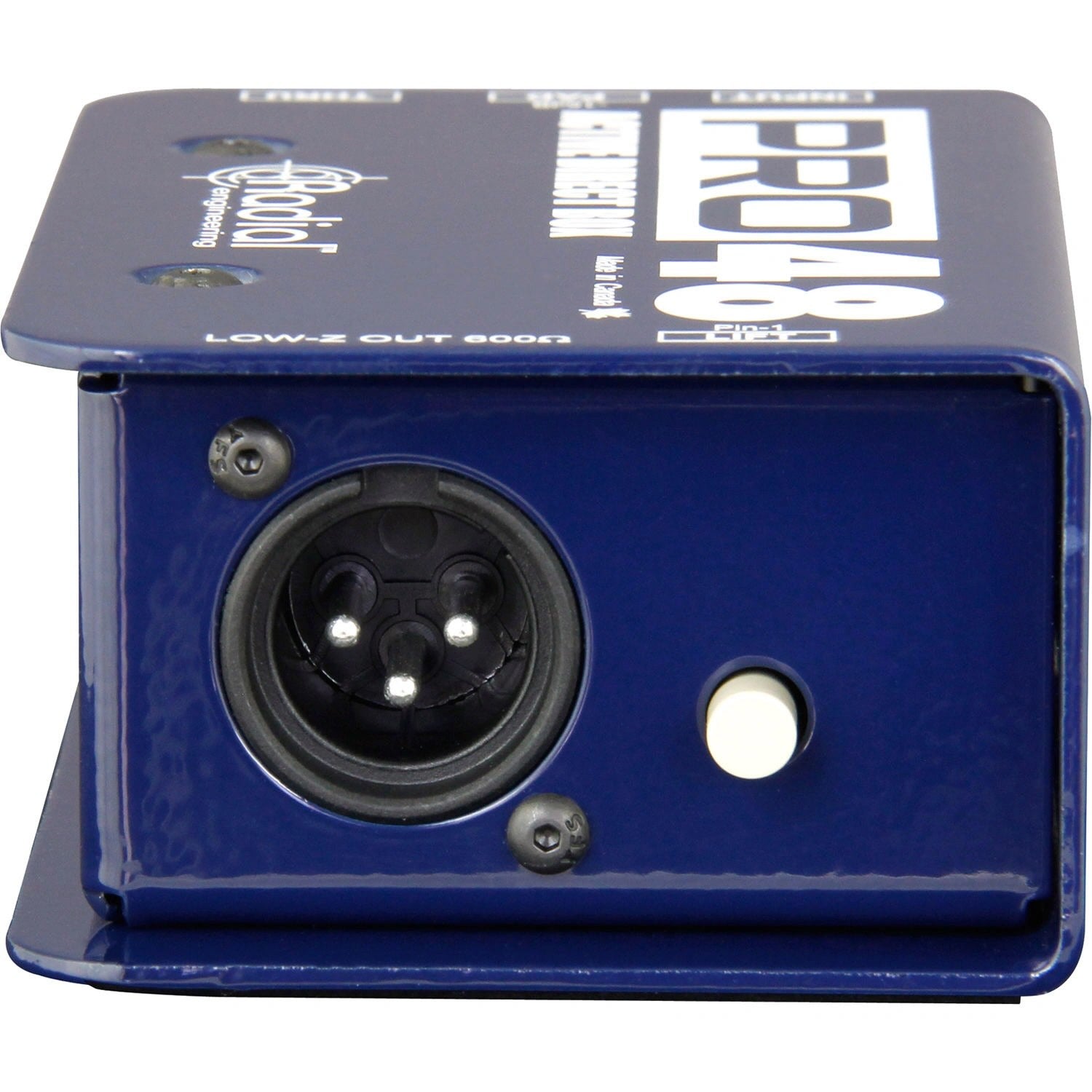 Radial Engineering Pro48 Active DI Box, side view showing the XLR output and ground lift button.