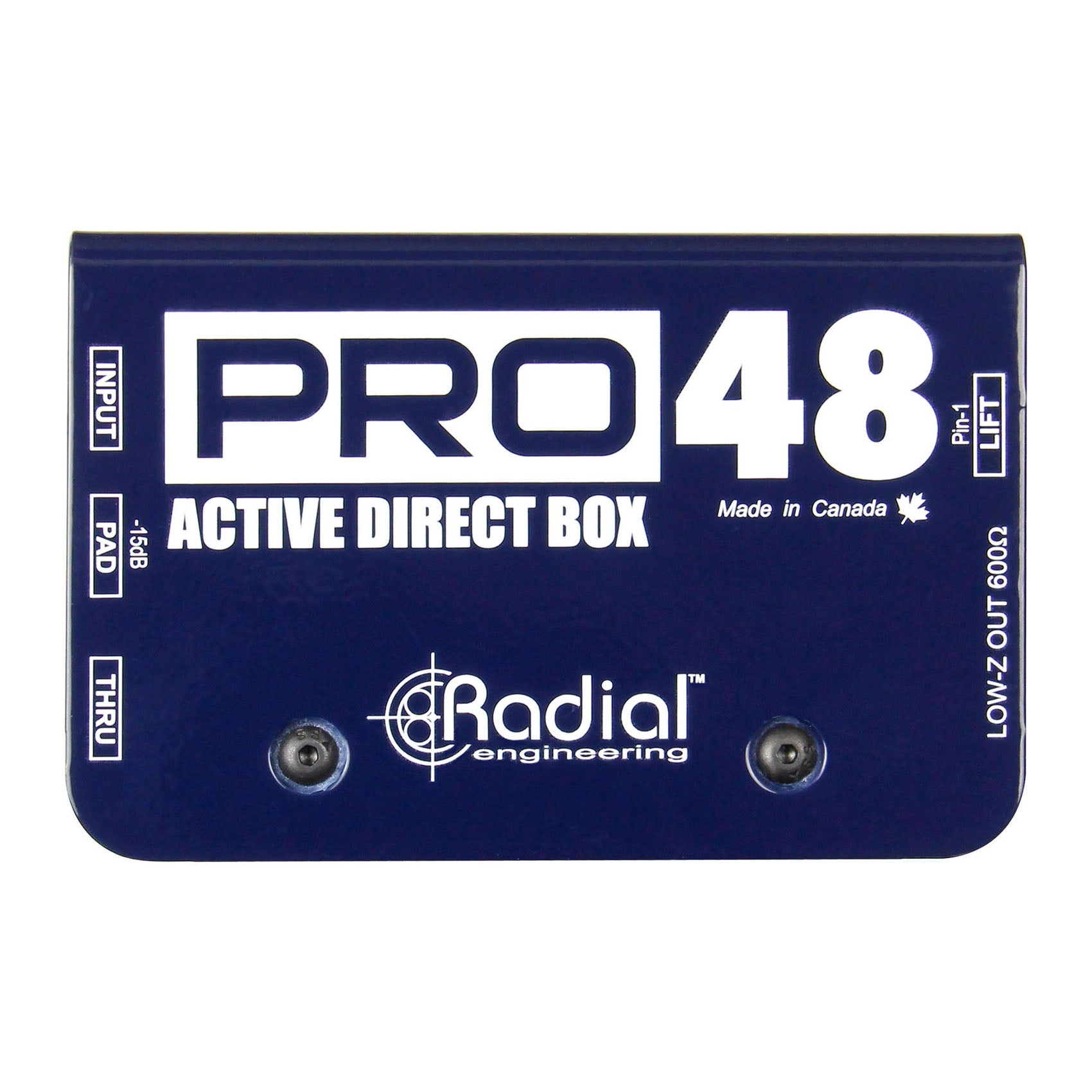 Radial Engineering Pro48 Active DI Box, top view. Shows robust steel chassis with 1/4" input, thru, and XLR output connections, featuring controls for a -15dB pad and ground lift for transparent active direct injection with phantom power.