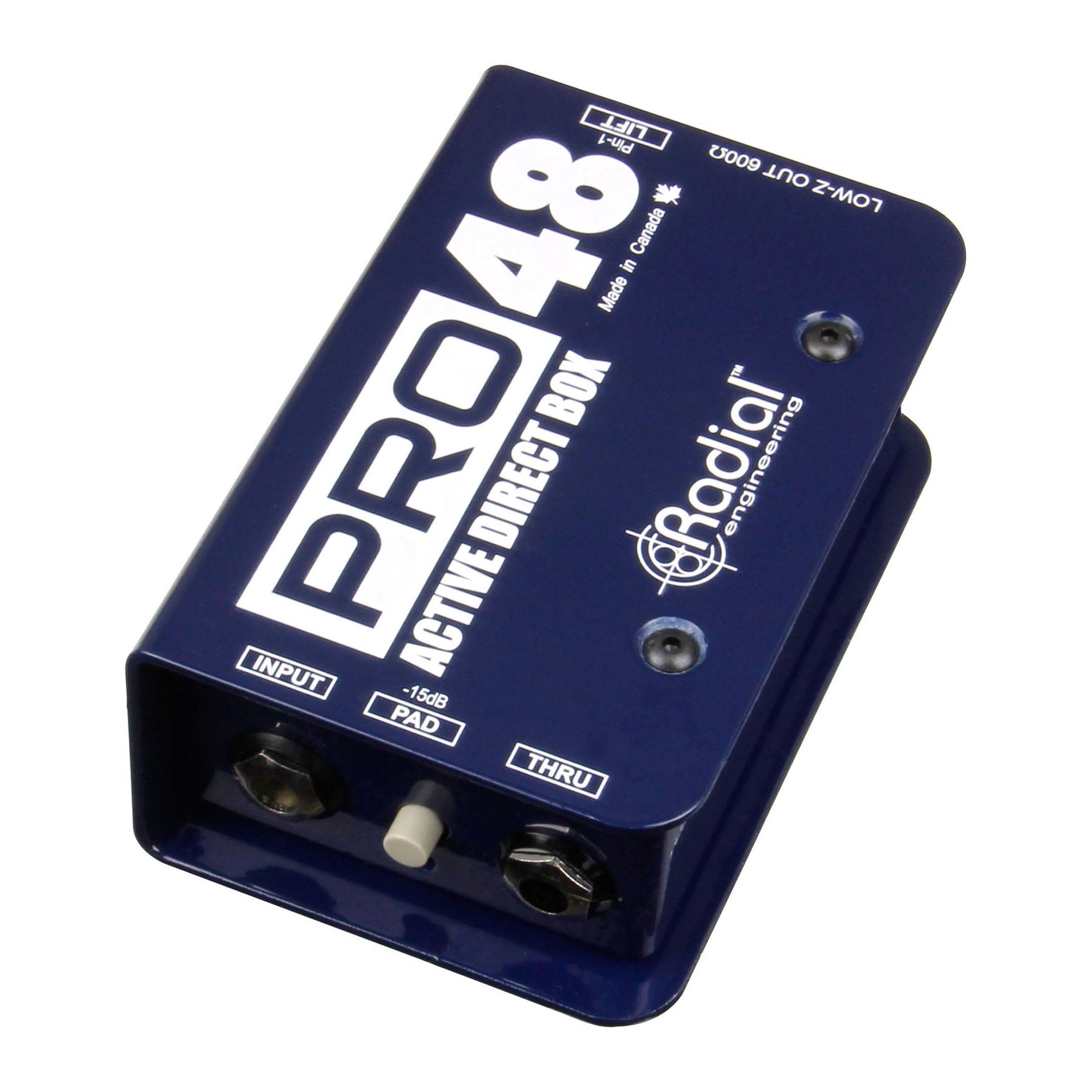 Radial Engineering Pro48 Active DI Box, angled top view. Shows robust steel chassis with 1/4" input, thru, and XLR output connections, featuring controls for a -15dB pad and ground lift for transparent active direct injection with phantom power.