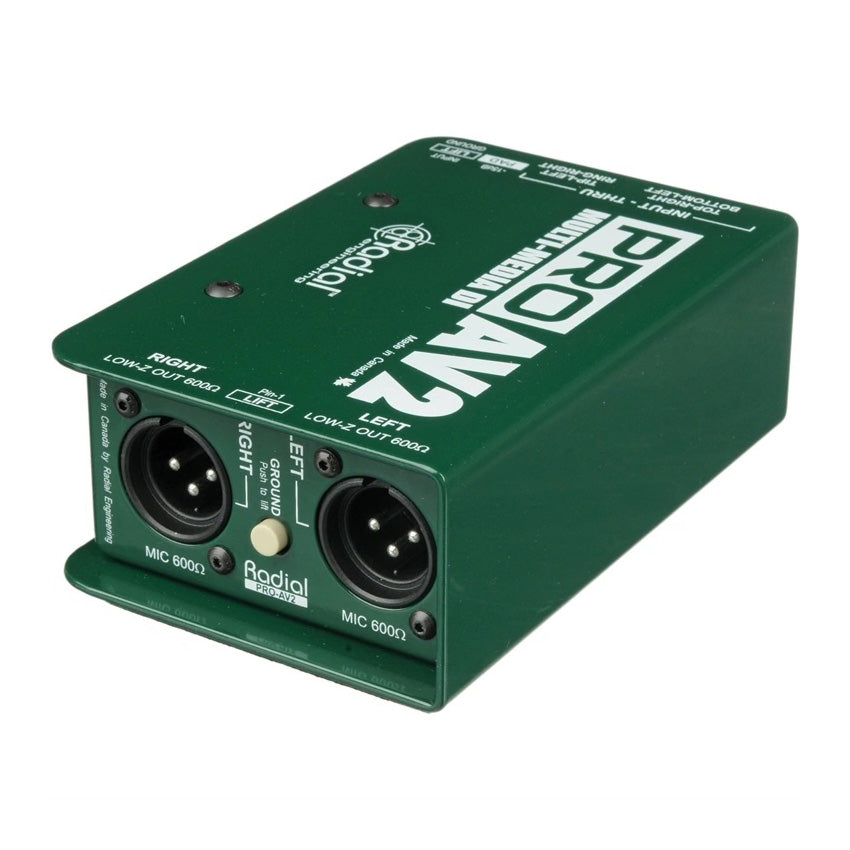 Radial Engineering ProAV2 Audio/Video Passive Stereo DI Box, top view. Displays dual 1/4" and RCA inputs, a 3.5mm input jack, a -15dB pad switch, and a ground lift switch for flexible unbalanced stereo input.