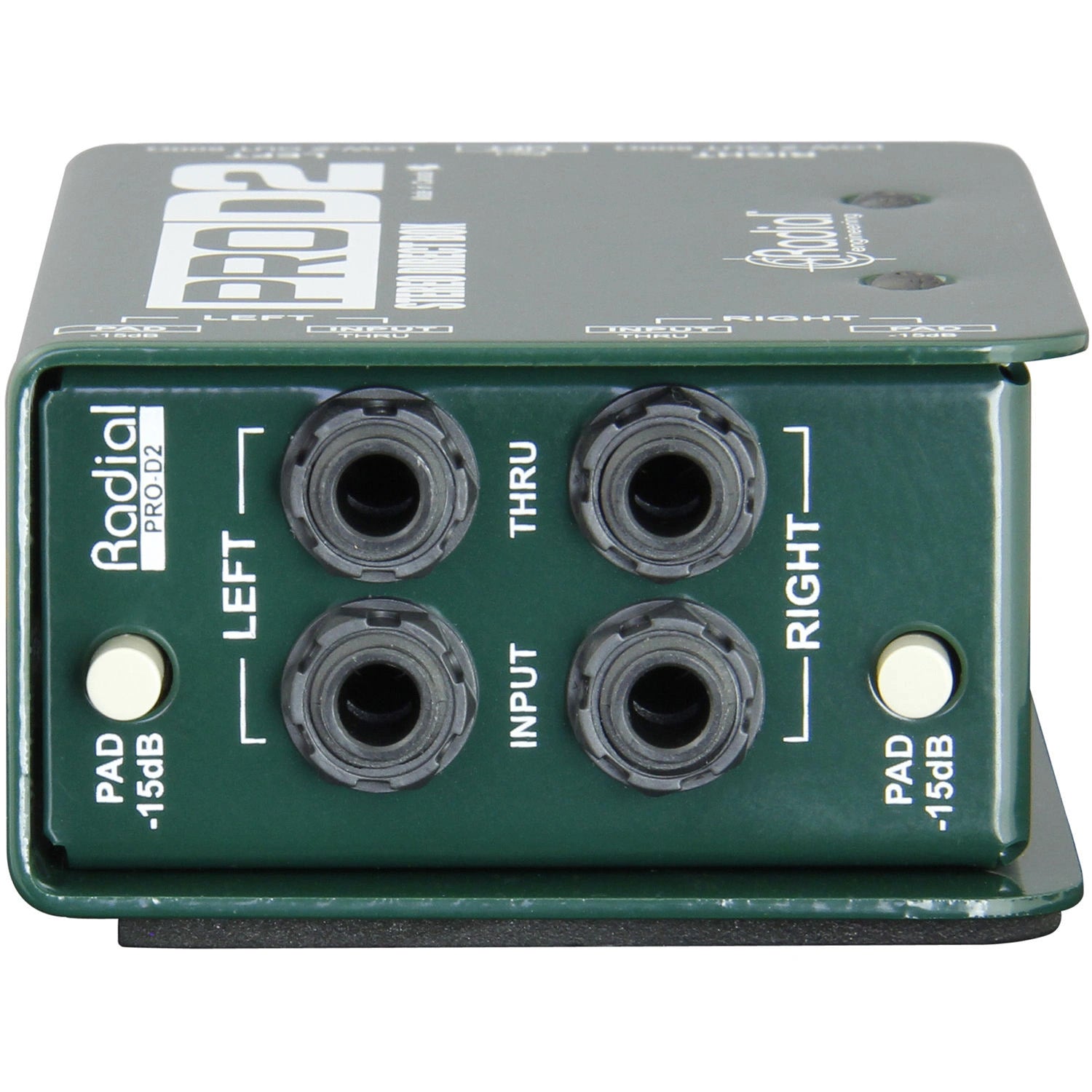 Radial Engineering ProD2 Stereo Passive DI Box, side view, showing left and right input and through connections with individual -15db pad buttons.