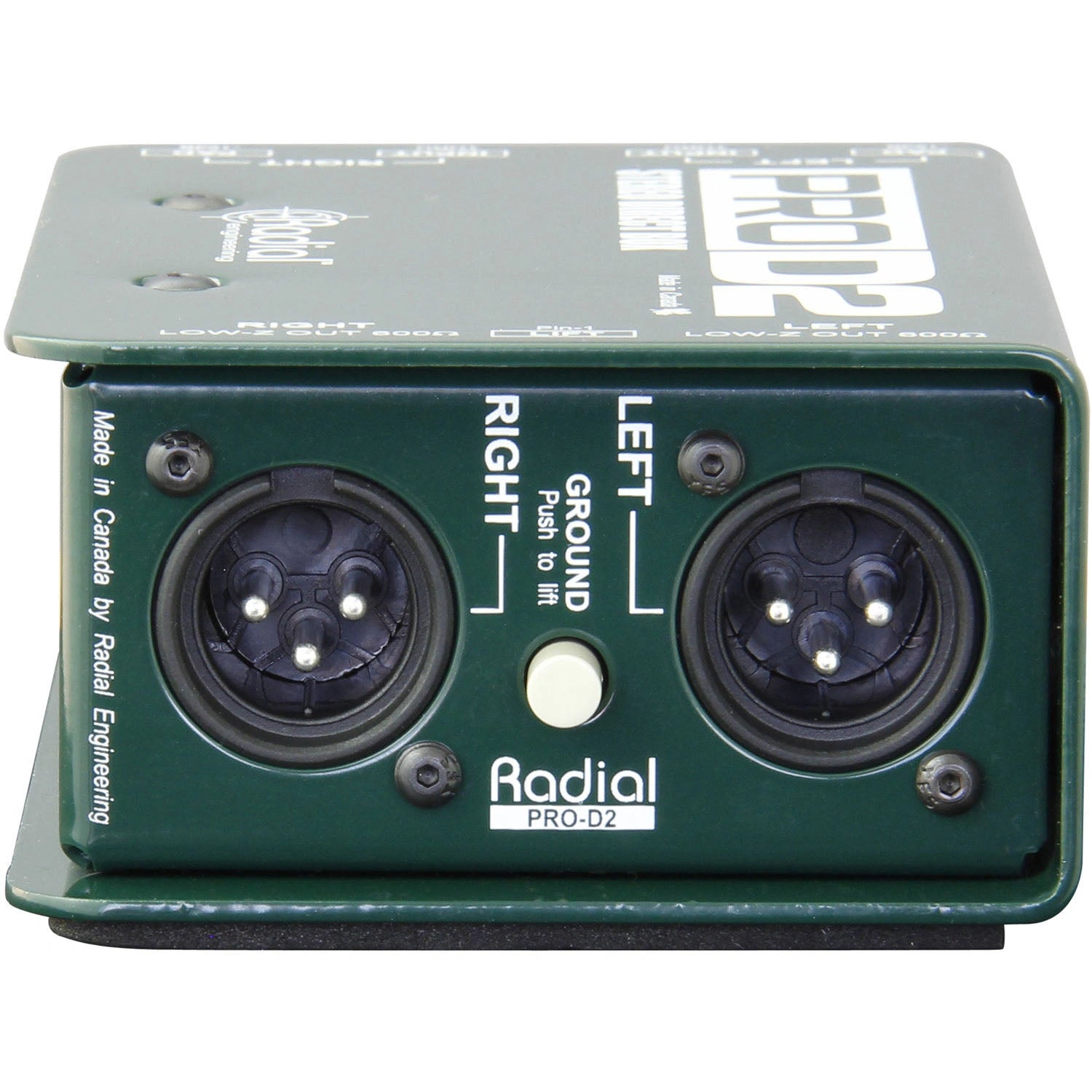 Radial Engineering ProD2 Stereo Passive DI Box, side view with left and right XLR outputs and ground lift button.