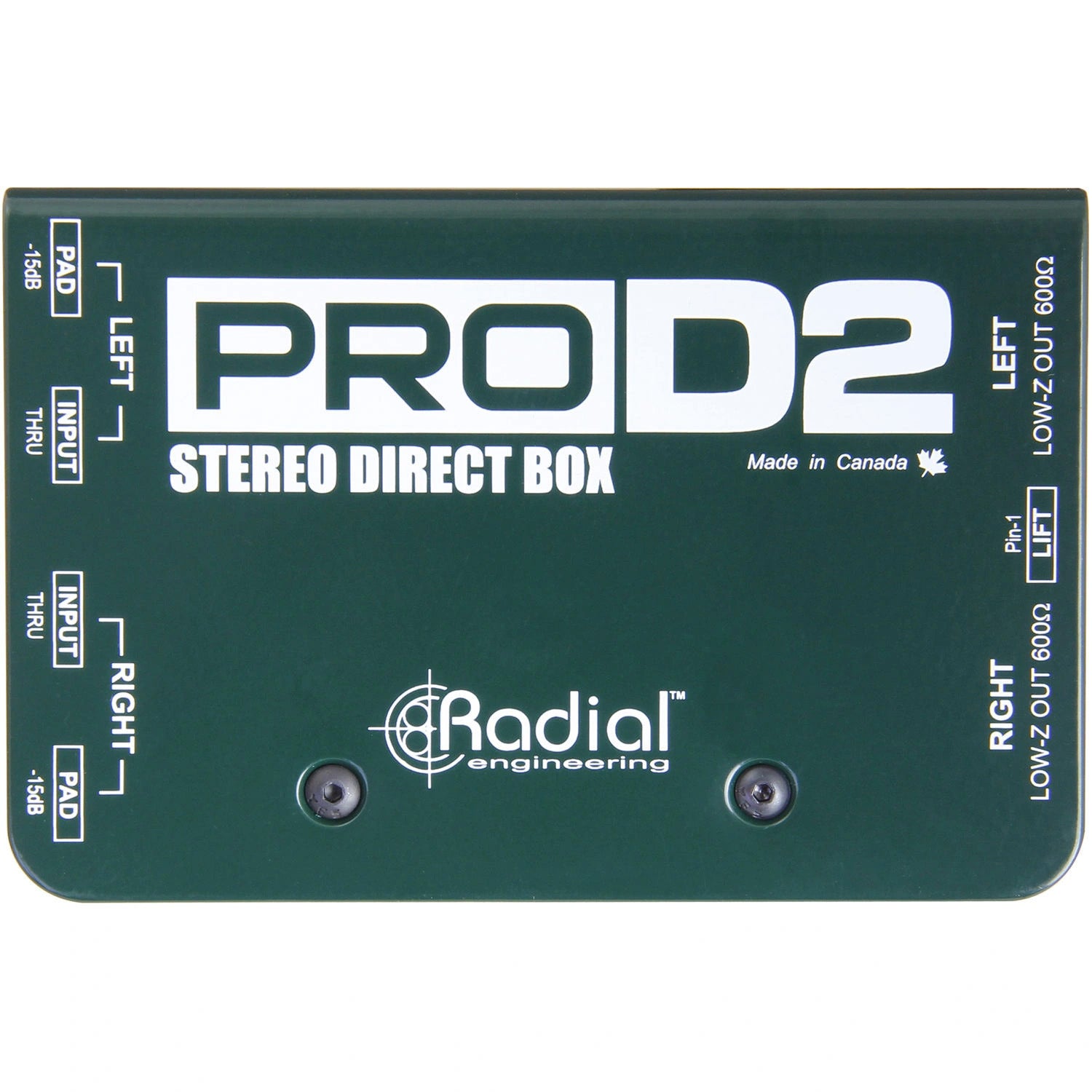 Radial Engineering ProD2 Stereo Passive DI Box, top view. Shows two independent channels with -15db pads and 1/4" input and thru connections, featuring a ground lift switch for reliable stereo direct injection with transformer isolation.