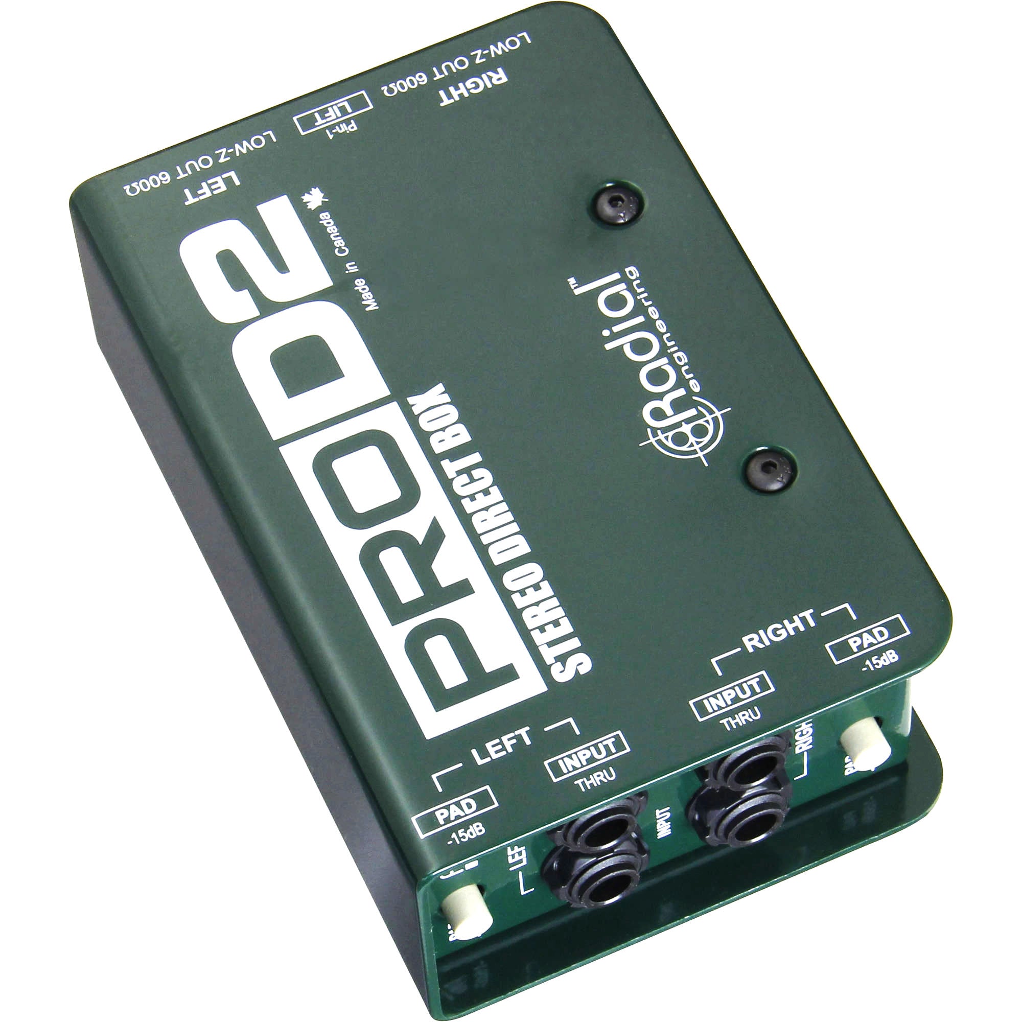 Radial Engineering ProD2 Stereo Passive DI Box, top view. Shows two independent channels with -15db pads and 1/4" input and thru connections, featuring a ground lift switch for reliable stereo direct injection with transformer isolation.