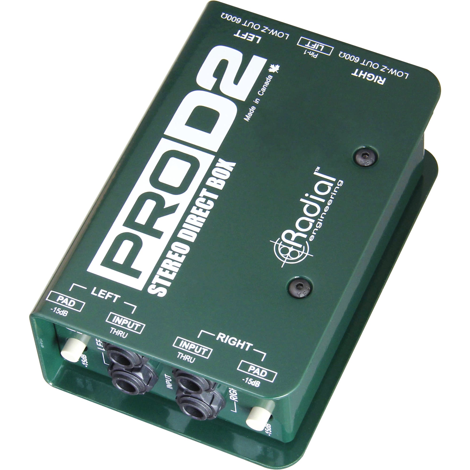 Radial Engineering ProD2 Stereo Passive DI Box, top view. Shows two independent channels with -15db pads and 1/4" input and thru connections, featuring a ground lift switch for reliable stereo direct injection with transformer isolation.