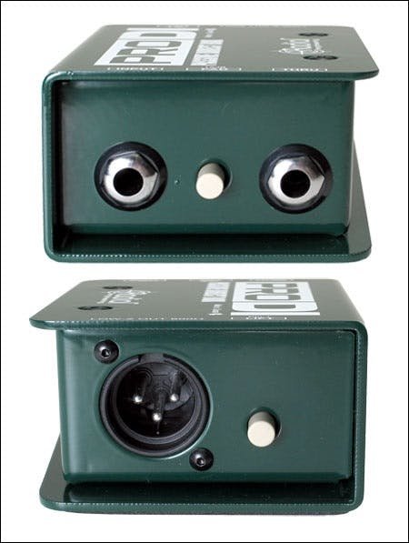 Radial Engineering ProDI Passive DI Box, stacked view. Shows robust steel chassis with 1/4" input and thru jacks, and an XLR output connector, featuring a ground lift switch and a-15db pad for reliable direct injection.