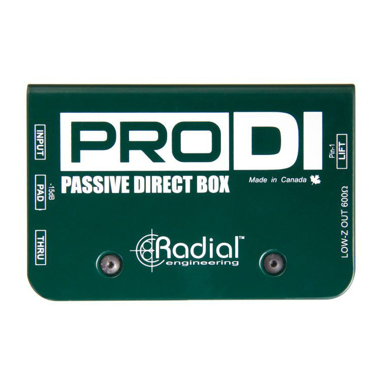 Radial Engineering ProDI Passive DI Box, top view. Shows robust steel chassis with 1/4" input and thru jacks, and an XLR output connector, featuring a ground lift switch and a-15db pad for reliable direct injection.