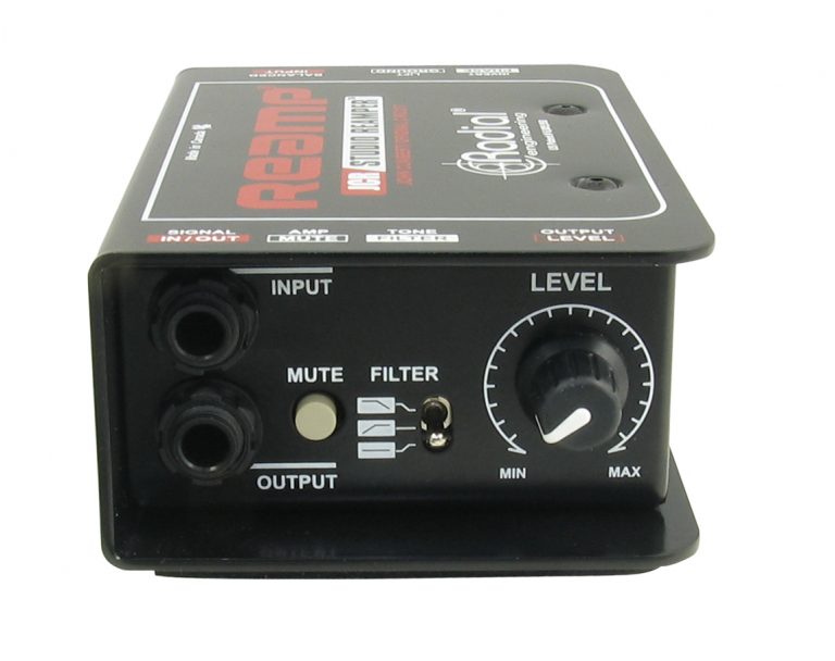 Radial Engineering Reamp JCR, output view. Displays robust chassis with balanced XLR input and 1/4" output, , phase switch, amp mute switch and ground lift, featuring a variable level control and three-position EQ filter for professional reamping with a Jensen transformer.