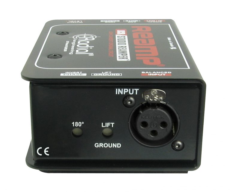 Radial Engineering Reamp JCR, input view. Displays robust chassis with balanced XLR input and 1/4" output, , phase switch, amp mute switch and ground lift, featuring a variable level control and three-position EQ filter for professional reamping with a Jensen transformer.