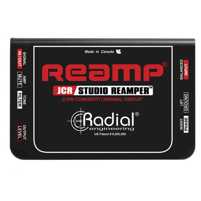 Radial Engineering Reamp JCR, top view. Displays robust chassis with balanced XLR input and 1/4" output, , phase switch, amp mute switch and ground lift, featuring a variable level control and three-position EQ filter for professional reamping with a Jensen transformer.