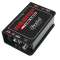 Radial Engineering Reamp JCR, angled top view. Displays robust chassis with balanced XLR input and 1/4" output, , phase switch, amp mute switch and ground lift, featuring a variable level control and three-position EQ filter for professional reamping with a Jensen transformer.