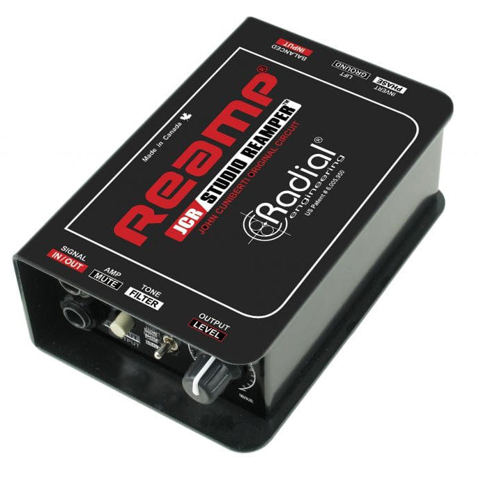 Radial Engineering Reamp JCR, angled top view. Displays robust chassis with balanced XLR input and 1/4" output, , phase switch, amp mute switch and ground lift, featuring a variable level control and three-position EQ filter for professional reamping with a Jensen transformer.
