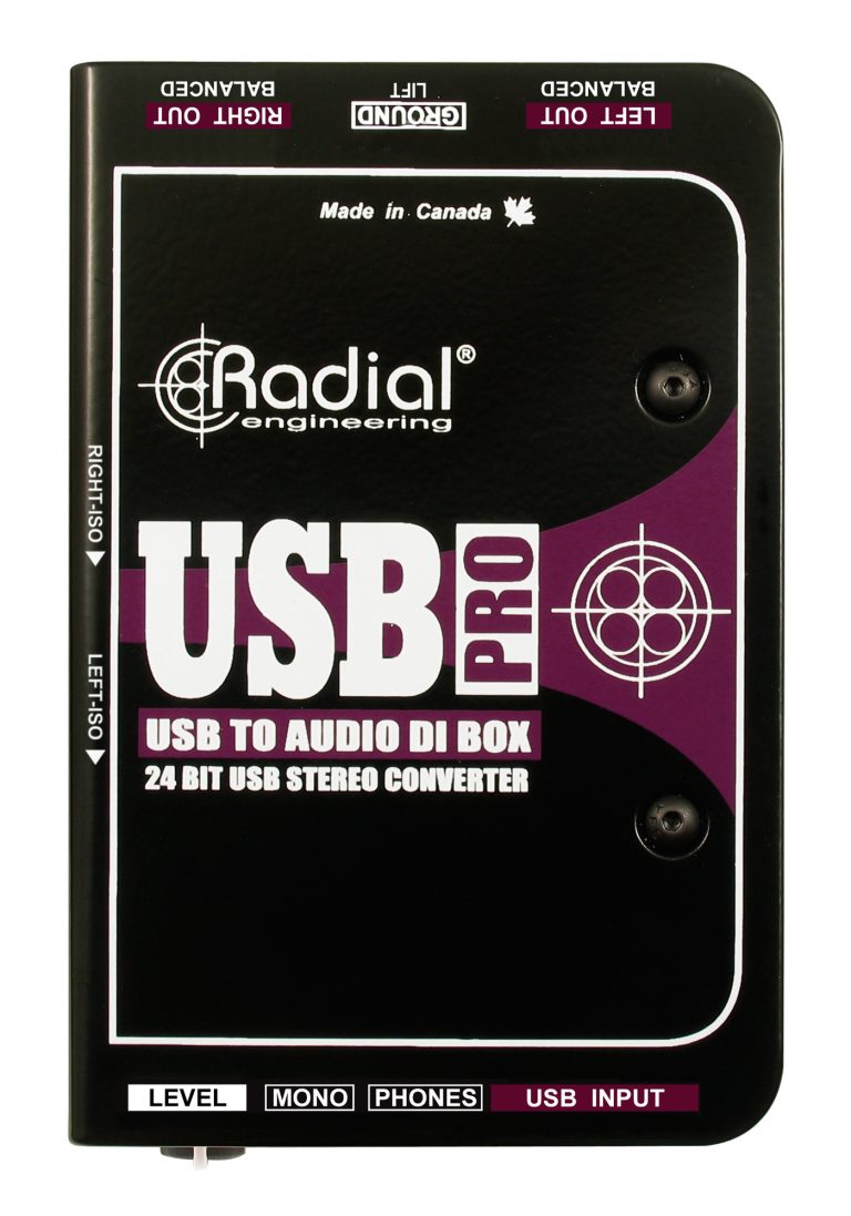 Radial Engineering USB-Pro Stereo USB Laptop DI, top view. Displays a compact chassis with a USB input, ground lift, polarity switches, XLR outputs, headphone output, and headphone level control, featuring transformer isolation for connecting laptops to a PA system without noise.