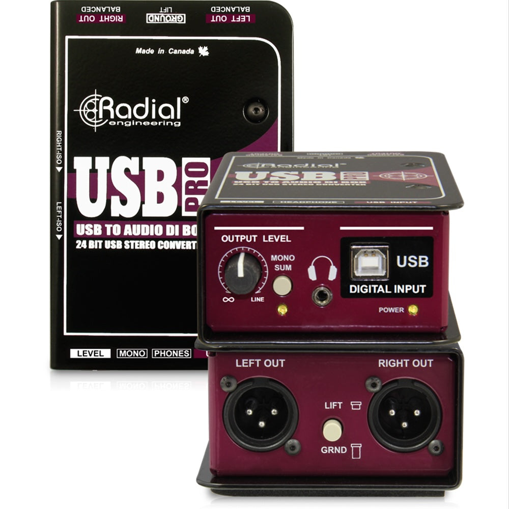 Radial Engineering USB-Pro Stereo USB Laptop DI, stacked view. Displays a compact chassis with a USB input, ground lift, polarity switches, XLR outputs, headphone output, and headphone level control, featuring transformer isolation for connecting laptops to a PA system without noise.