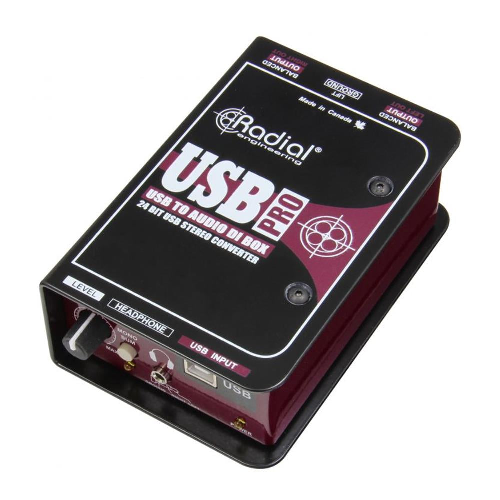 Radial Engineering USB-Pro Stereo USB Laptop DI, angled top view. Displays a compact chassis with a USB input, ground lift, polarity switches, XLR outputs, headphone output, and headphone level control, featuring transformer isolation for connecting laptops to a PA system without noise.