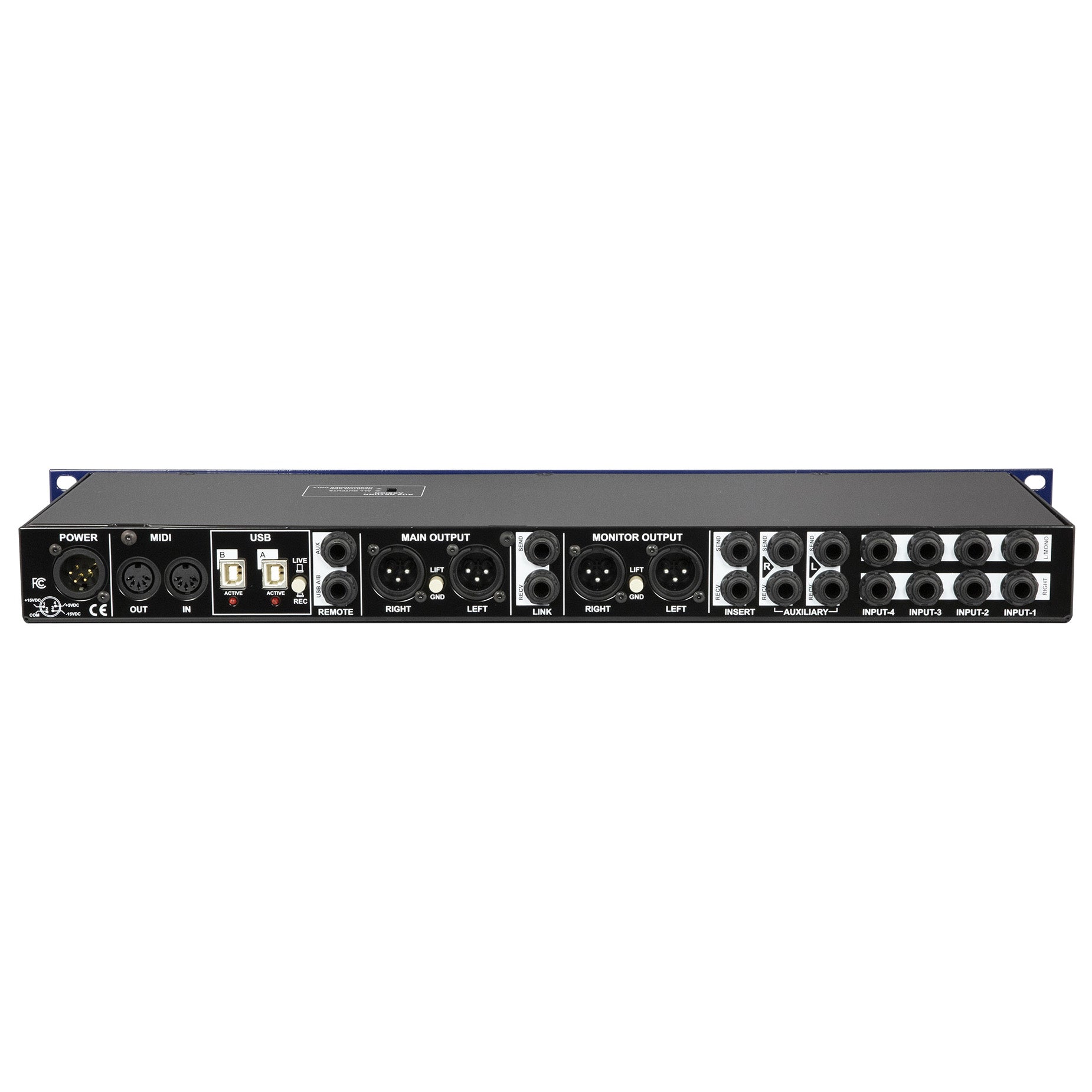 Radial KL-8 Rackmount Keyboard Mixer, back view. Displays comprehensive I/O including eight balanced 1/4" inputs, stereo XLR outputs, aux sends and inserts, USB port, and MIDI connections for professional keyboard rigs and studio integration.