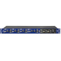 Radial KL-8 Rackmount Keyboard Mixer, front view. Displays 4 channel input level controls, aux sends, monitor output, master output, headphone controls, and clear LED metering for live and studio keyboard mixing.