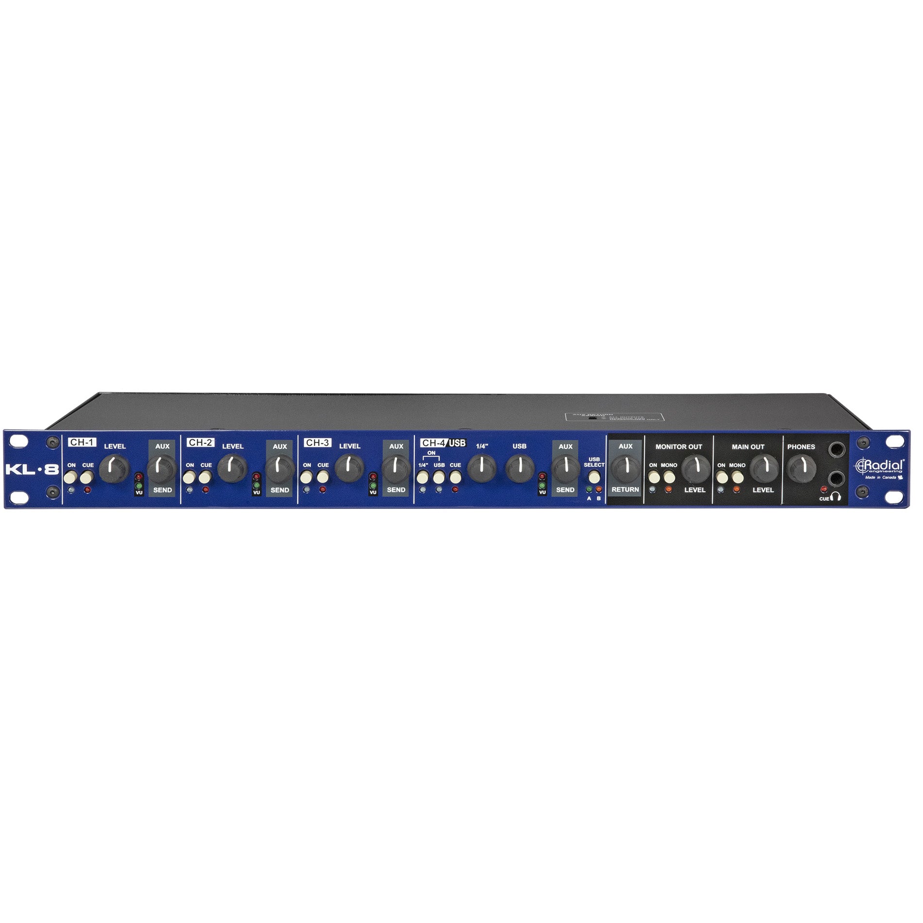 Radial KL-8 Rackmount Keyboard Mixer, front view. Displays 4 channel input level controls, aux sends, monitor output, master output, headphone controls, and clear LED metering for live and studio keyboard mixing.