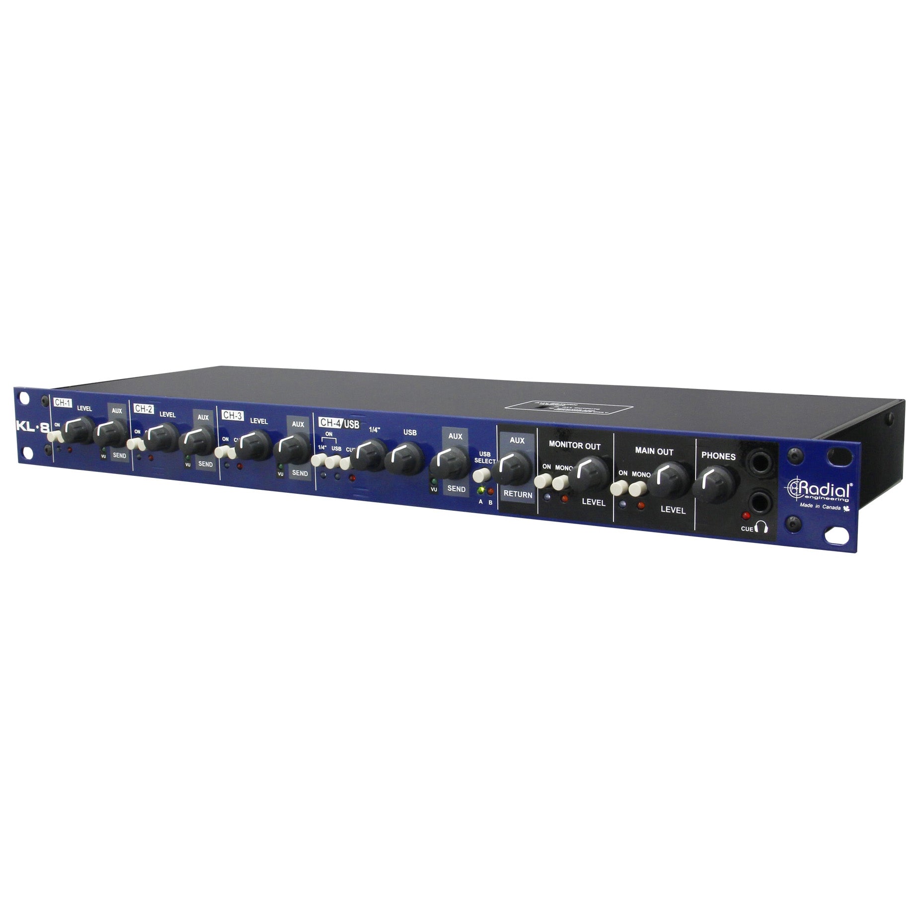 Radial KL-8 Rackmount Keyboard Mixer, angled front view. Displays 4 channel input level controls, aux sends, monitor output, master output, headphone controls, and clear LED metering for live and studio keyboard mixing.
