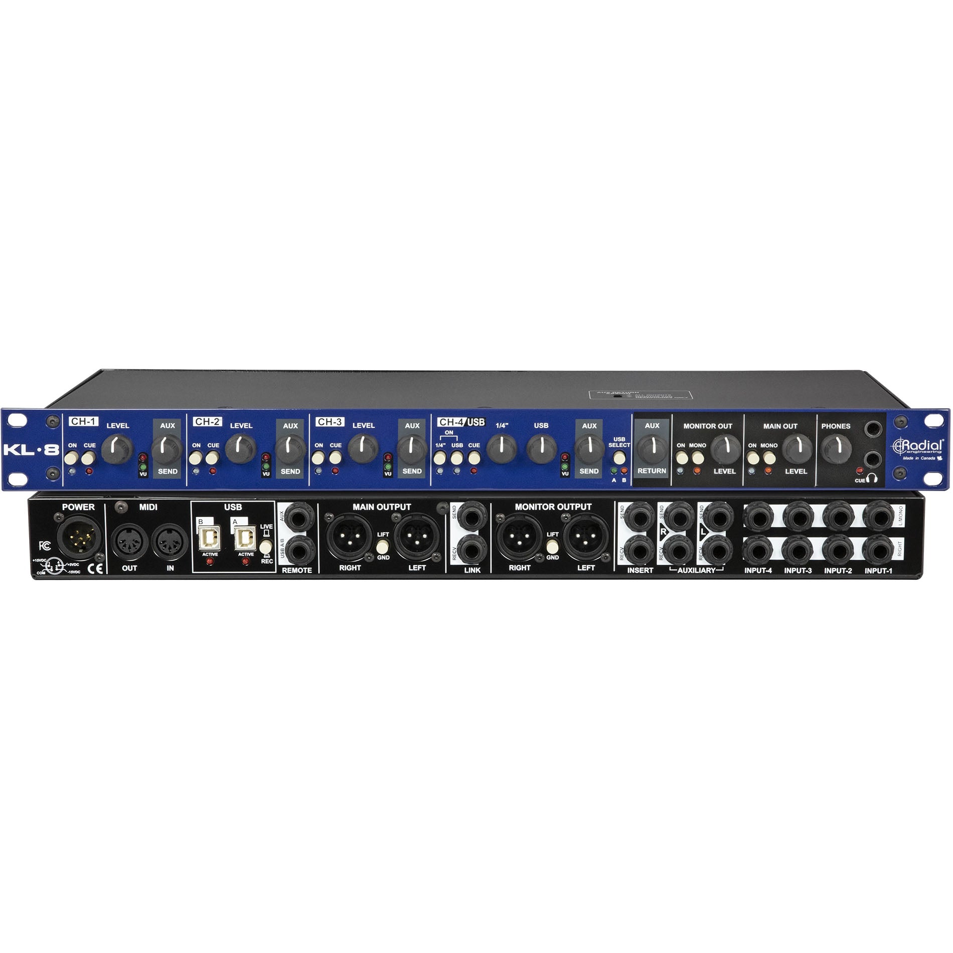 Radial KL-8 Rackmount Keyboard Mixer, stacked view showing all of the essential controls, inputs and outputs.