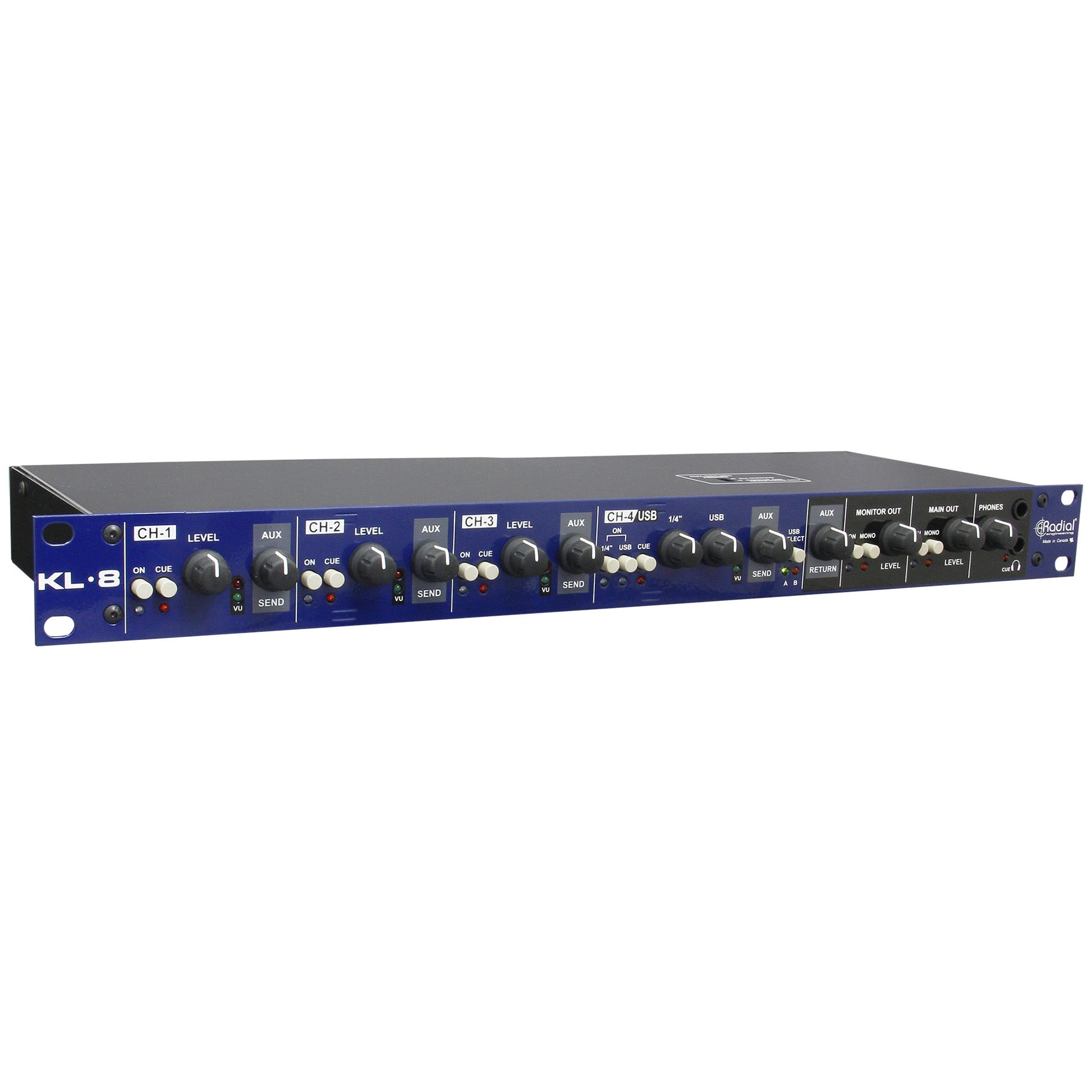 Radial KL-8 Rackmount Keyboard Mixer, angled front view. Displays 4 channel input level controls, aux sends, monitor output, master output, headphone controls, and clear LED metering for live and studio keyboard mixing.