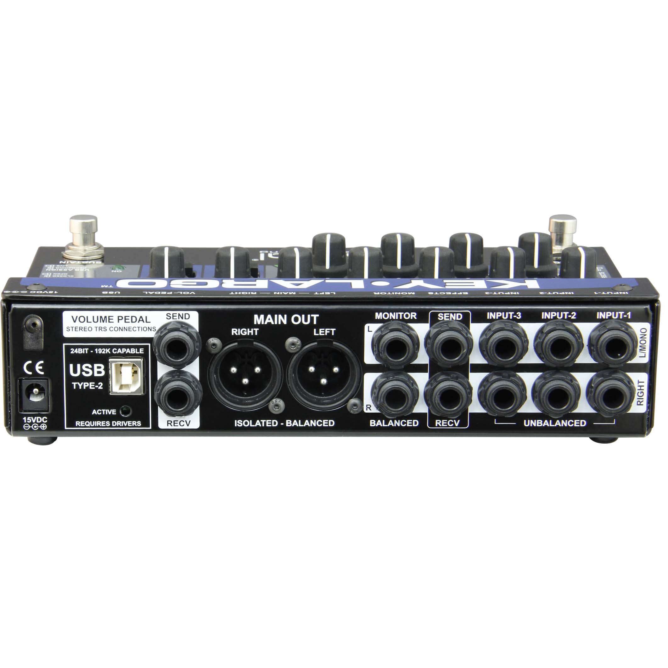 Radial Engineering Key-Largo Keyboard Mixer with Balanced DI Outs, back view. Displays comprehensive I/O including three stereo input pairs, stereo effects loop send/return, monitor outputs, balanced XLR DI outputs, volume pedal connections, and USB port for flexible keyboard setups.