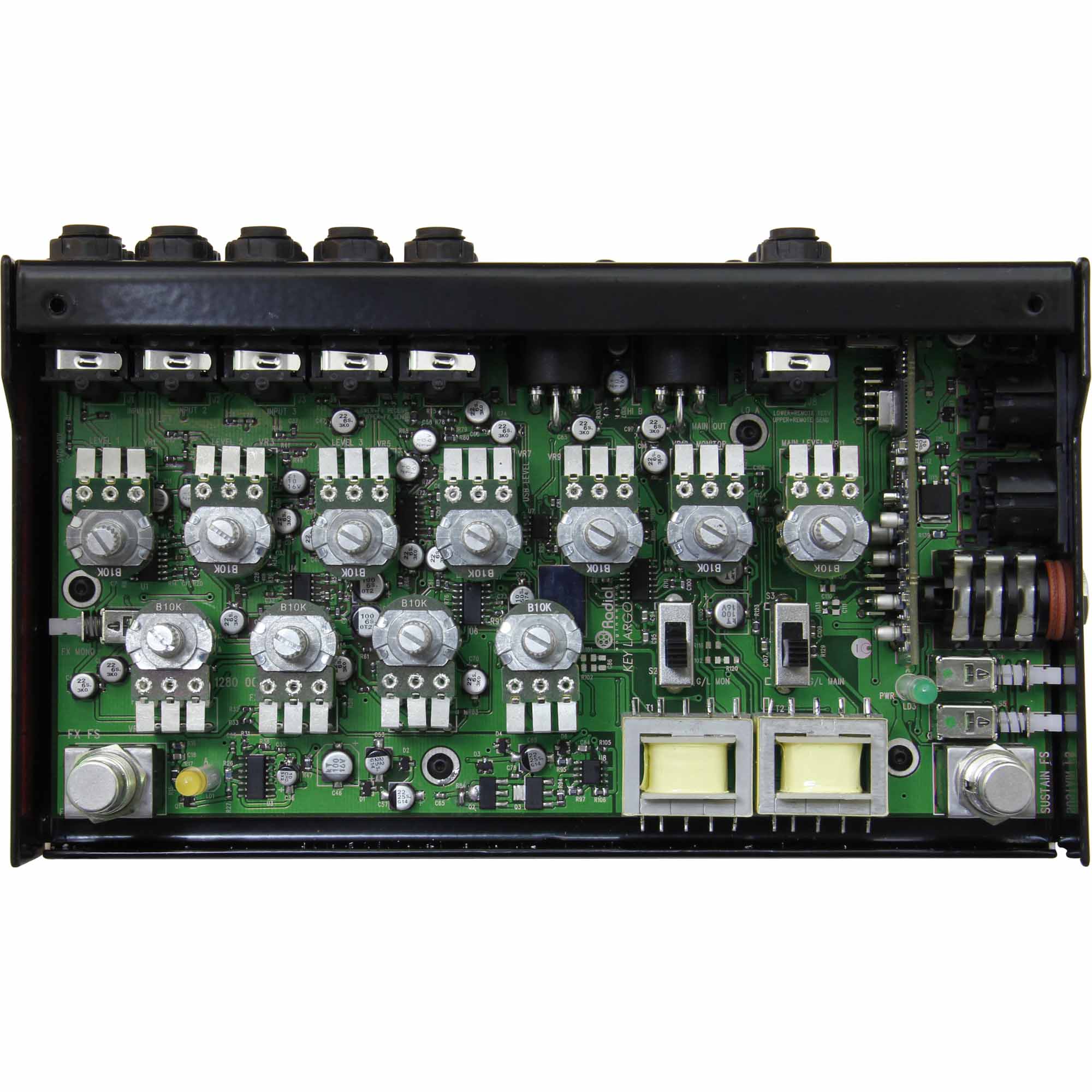 Radial Engineering Key-Largo Keyboard Mixer, internal view showing circuitboard and components.