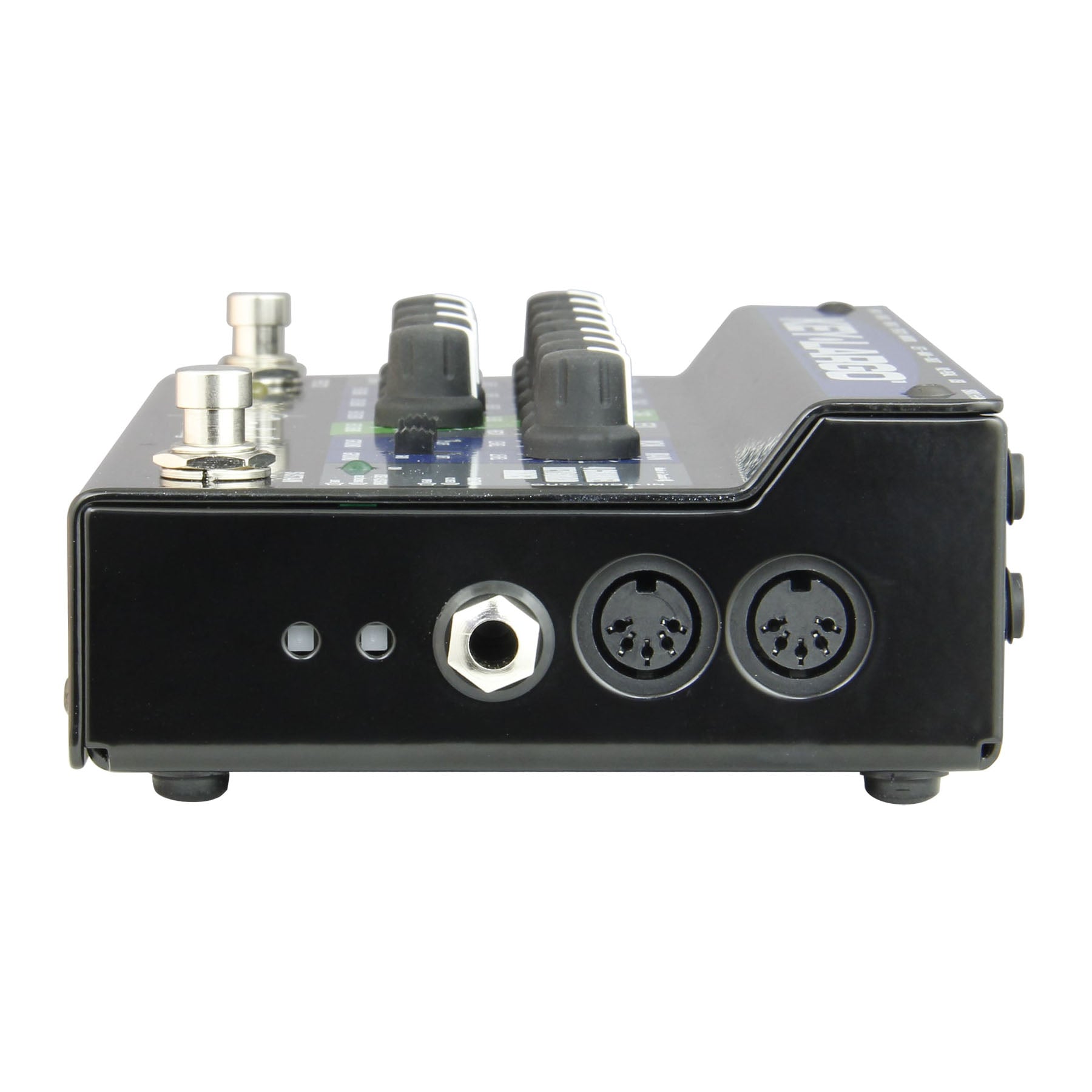 Radial Engineering Key-Largo Keyboard Mixer, Side view showing midi input and output, sustain and USB assign buttons.