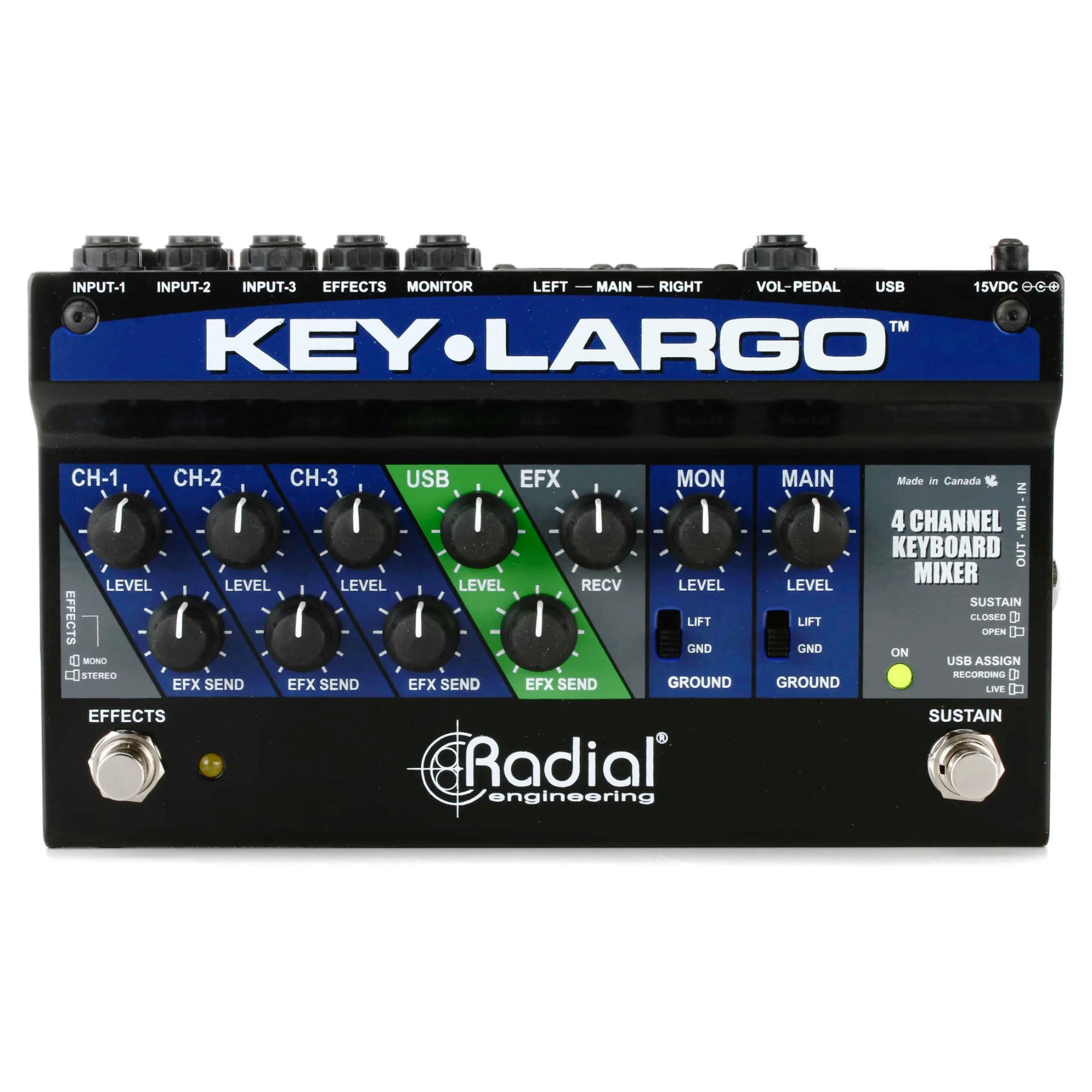 Radial Engineering Key-Largo Keyboard Mixer, top view. Displays compact mixer with level controls for three keyboards, stereo effects loop, master volume, and USB audio interface controls for flexible live performance and studio integration.