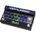 Radial Engineering Key-Largo Keyboard Mixer, angled top view. Displays compact mixer with level controls for three keyboards, stereo effects loop, master volume, and USB audio interface controls for flexible live performance and studio integration.