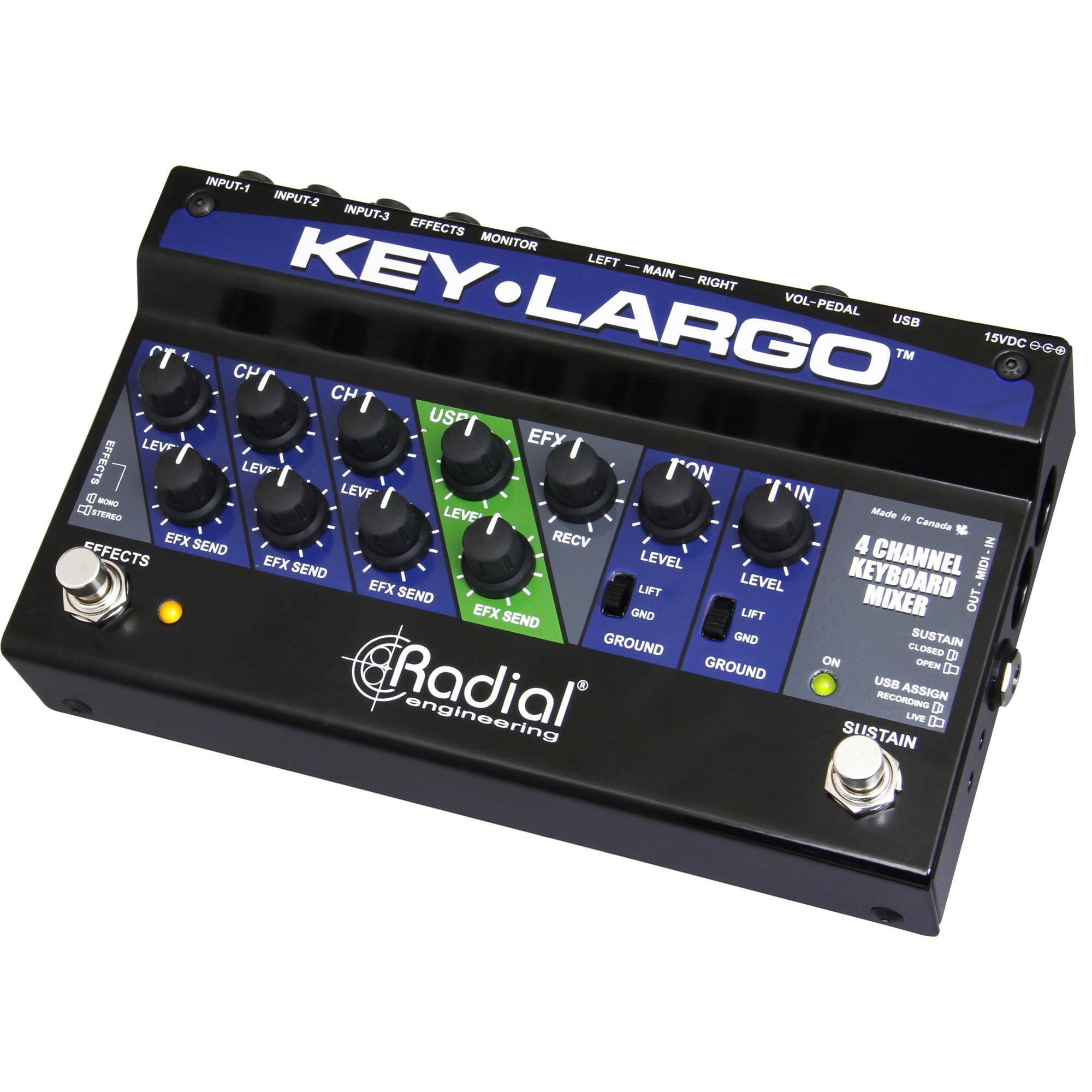 Radial Engineering Key-Largo Keyboard Mixer, angled top view. Displays compact mixer with level controls for three keyboards, stereo effects loop, master volume, and USB audio interface controls for flexible live performance and studio integration.