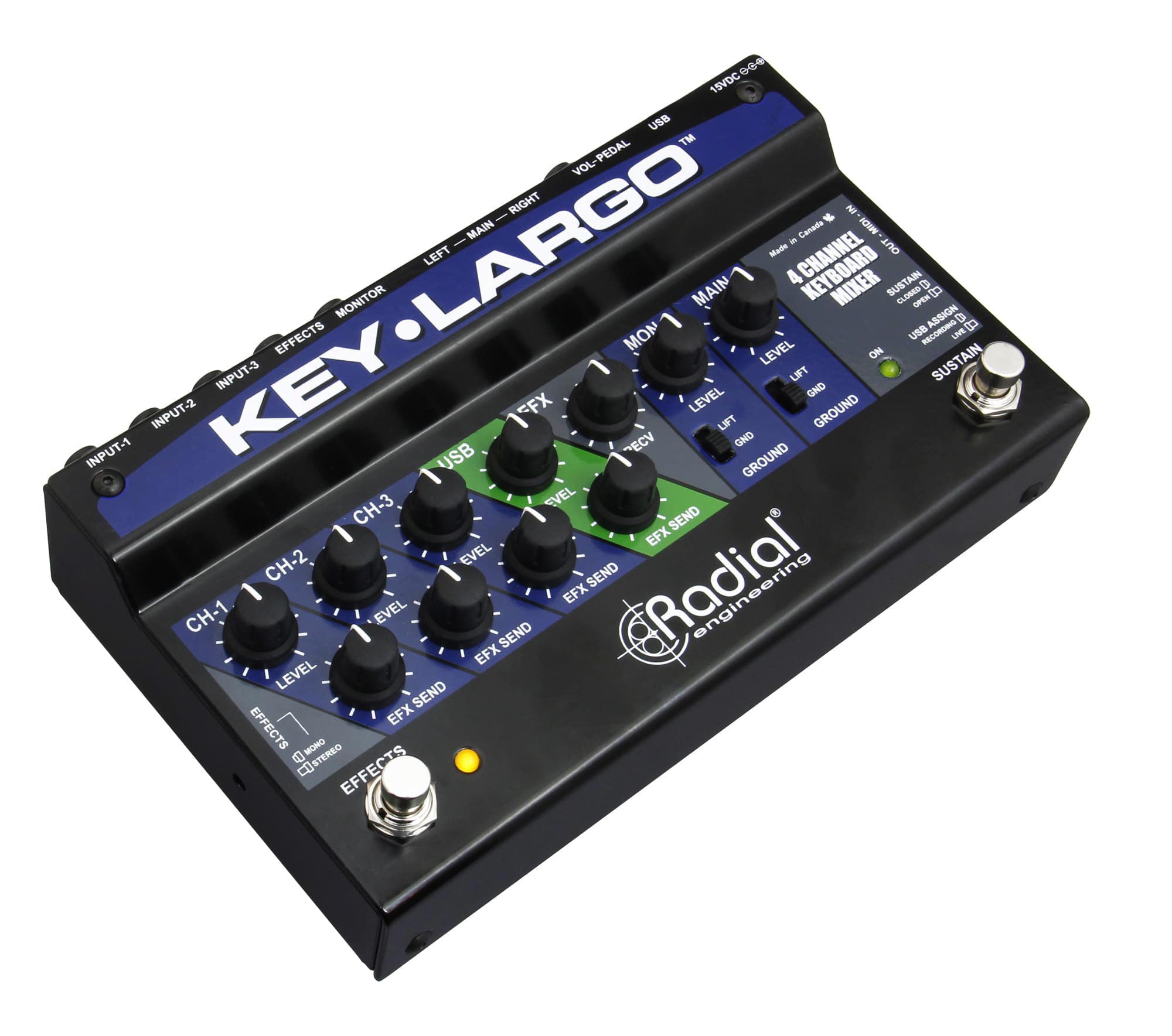 Radial Engineering Key-Largo Keyboard Mixer, angled top view. Displays compact mixer with level controls for three keyboards, stereo effects loop, master volume, and USB audio interface controls for flexible live performance and studio integration.