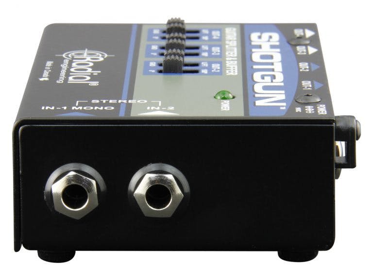 Radial Shotgun Instrument Buffer/Splitter, side view, showing both inputs.