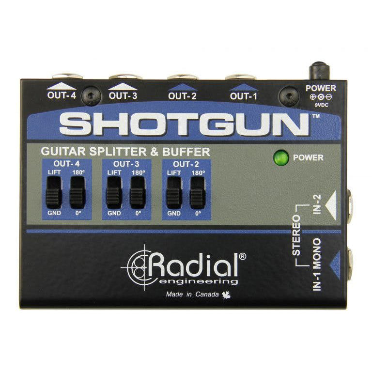 Radial Shotgun Instrument Buffer/Splitter, top view. Displays 1/4" mono/stereo input, four 1/4" outputs, with controls for a polarity switch and ground lift, designed to drive multiple pedals and amplifiers without signal loss.