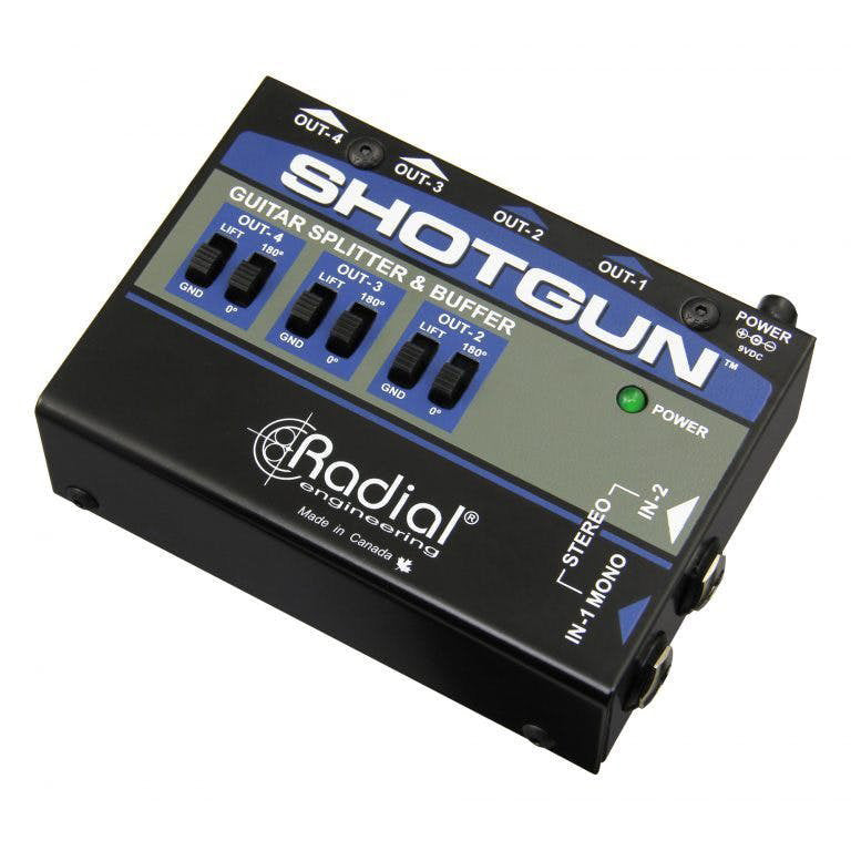 Radial Shotgun Instrument Buffer/Splitter, angled top view. Displays 1/4" mono/stereo input, four 1/4" outputs, with controls for a polarity switch and ground lift, designed to drive multiple pedals and amplifiers without signal loss.