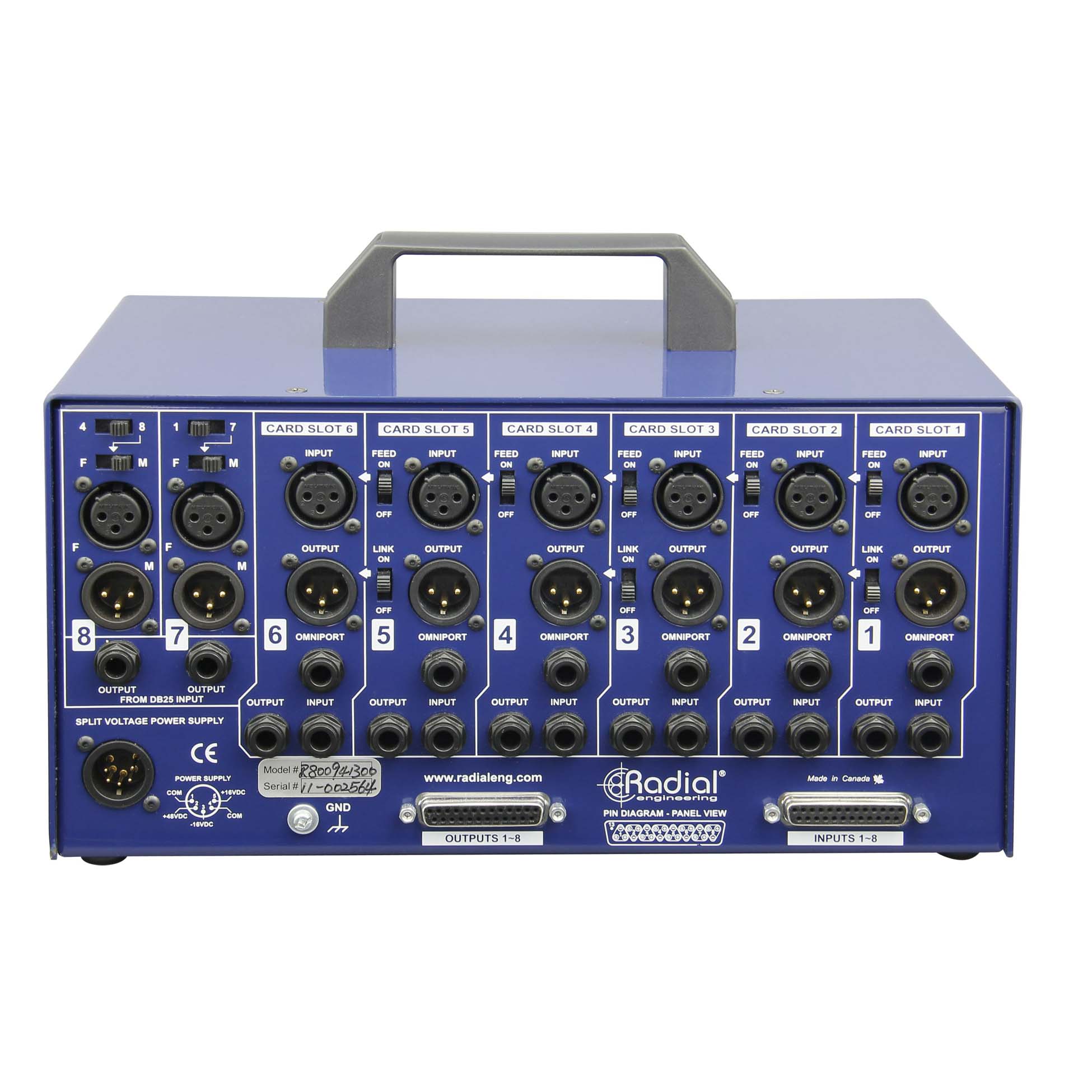 Radial SixPack 6-slot 500 Series Chassis, back view. Displays individual XLR inputs and outputs, dual DB-25 connectors for multi-channel I/O, and power input, designed for professional studio integration of 500 series modules.