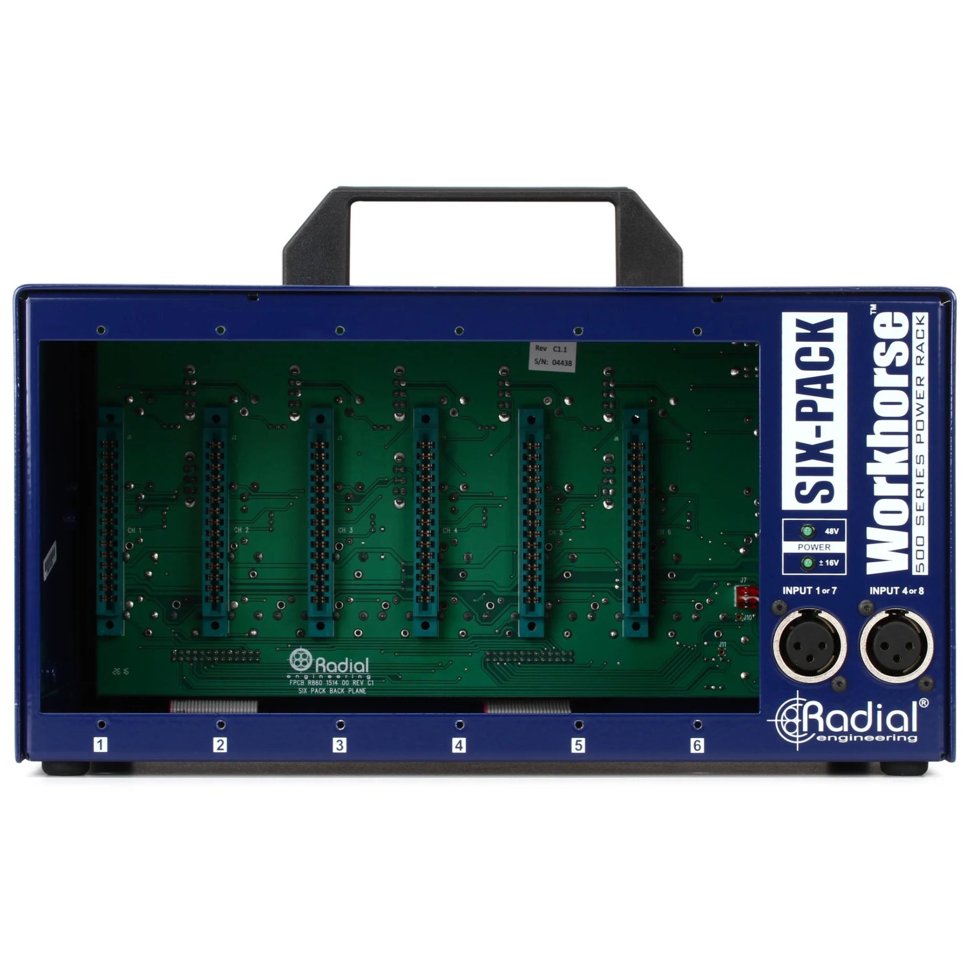 Radial SixPack, front view. A 6-slot 500 series chassis with an integrated carry handle, featuring two front-panel XLR inputs and LED indicators for power and phantom power status.
