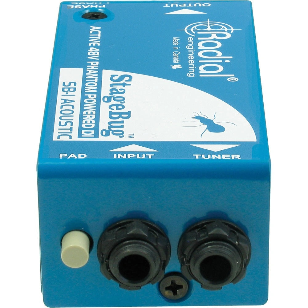 Radial StageBug SB-1 Active DI Box, side view showing input and tuner jacks with the pad switch.