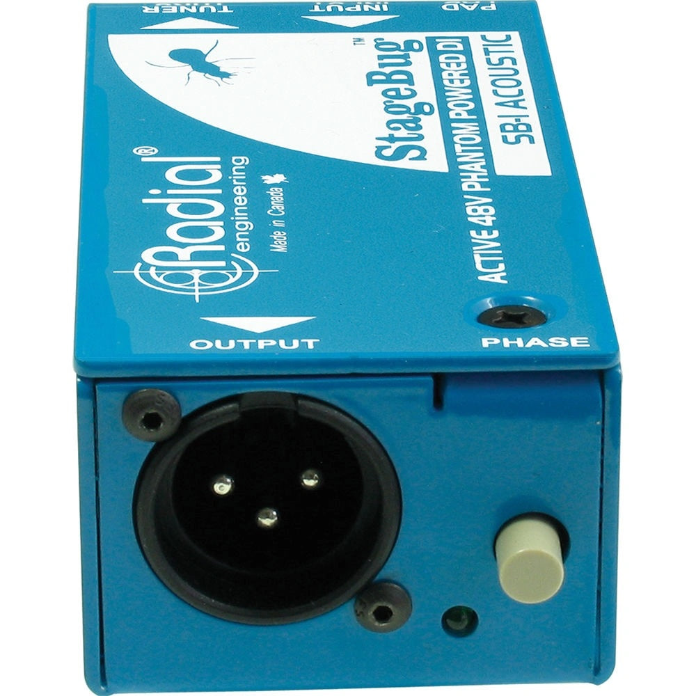 Radial StageBug SB-1 Active DI Box, side view showing XLR output and phase switch.
